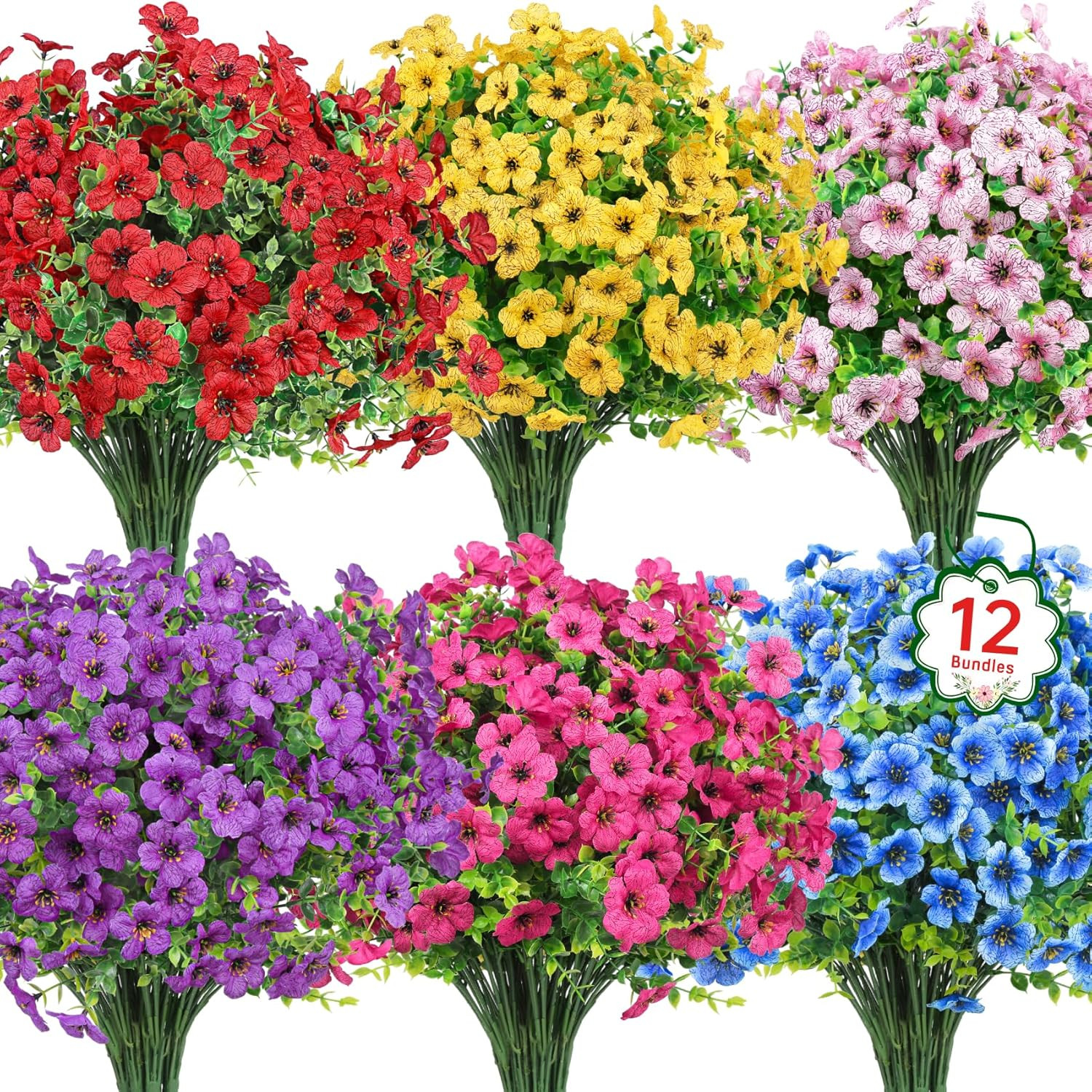 Artificial Flowers 12 Bundles UV Resistant Faux Silk Plastic Mixed Outdoor