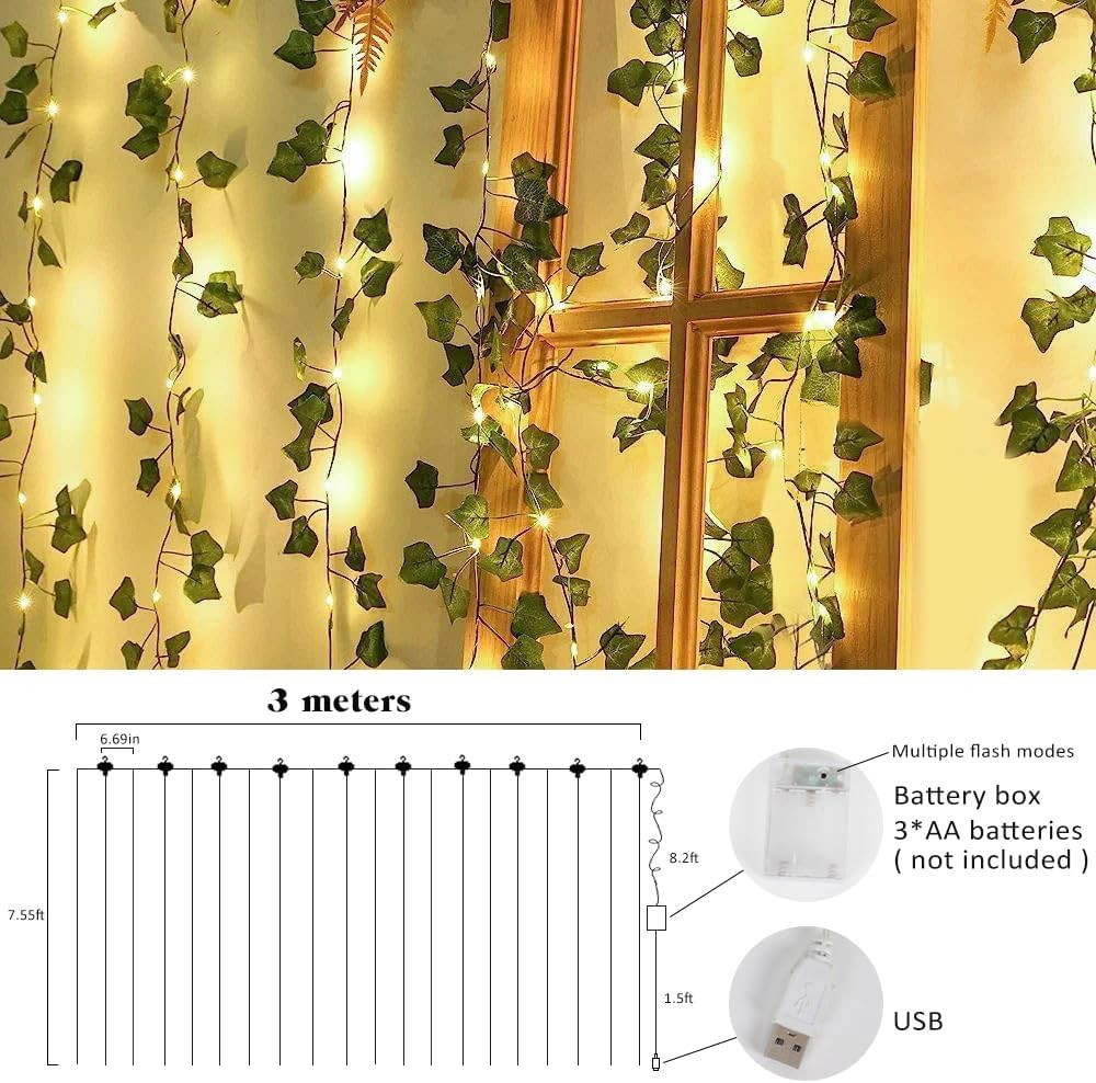 10 Hooks LED Light String Garland: 118-Inch Artificial Ivy for Party & Home