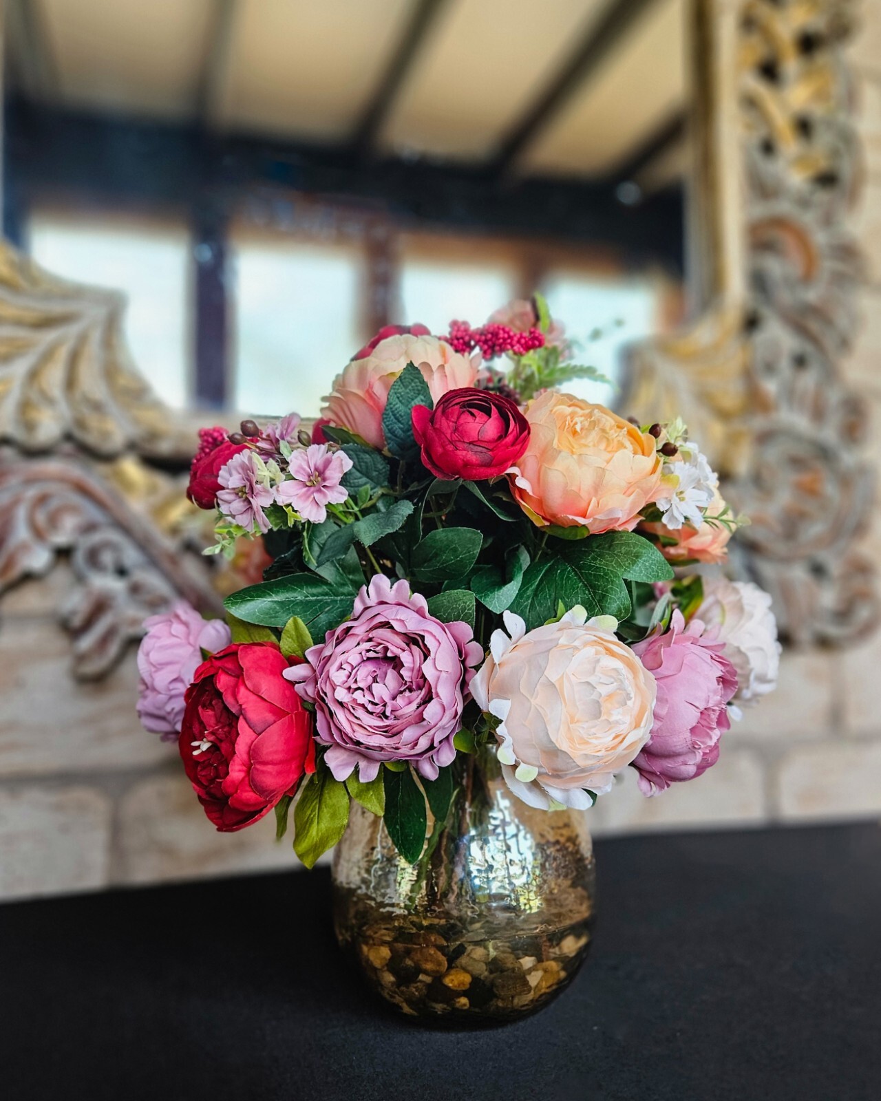 Faux Peony Flower Arrangement in Glass Vase with Faux Water Spring Decor