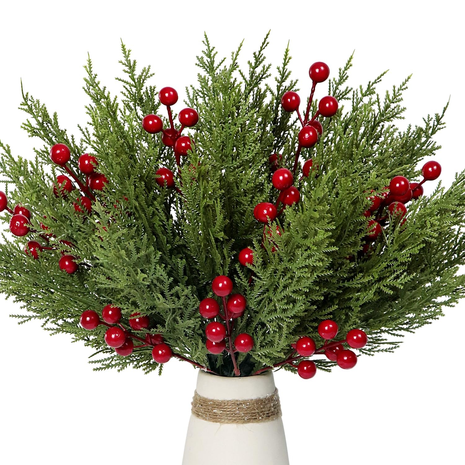 30Pcs Artificial Pine Branches with Red Berry Stems Assorted Faux Cedar Leave…