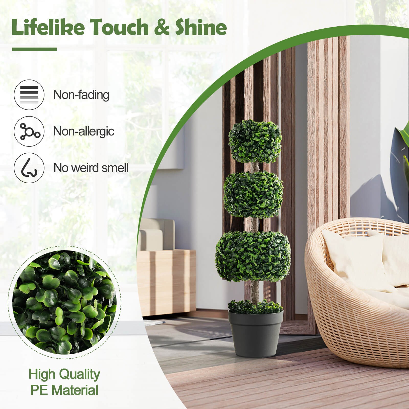 2PCS 35” Faux Boxwood Topiary Tree Square Shaped Fake Greenery Plants w/ Pot