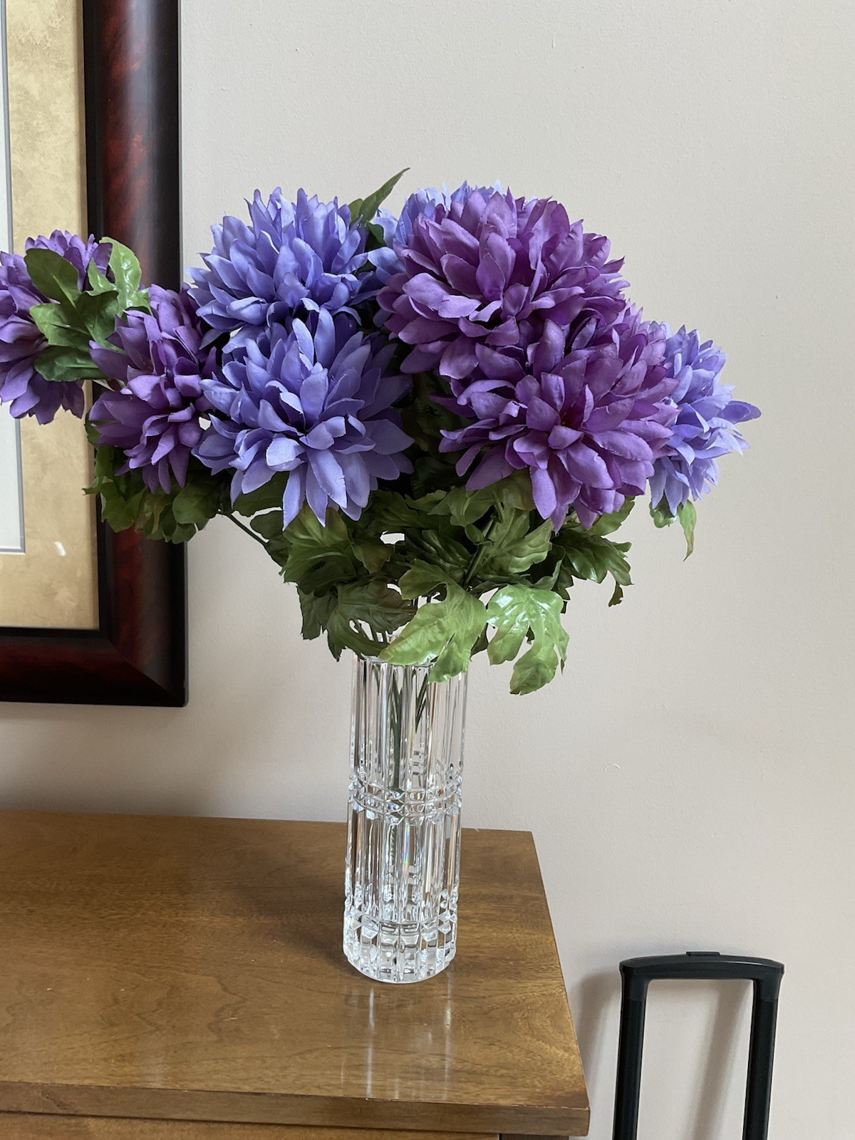 Artificial Purple Mum Flower Bouquet w/Leaves ~ 19” Long ~ Fall Decor