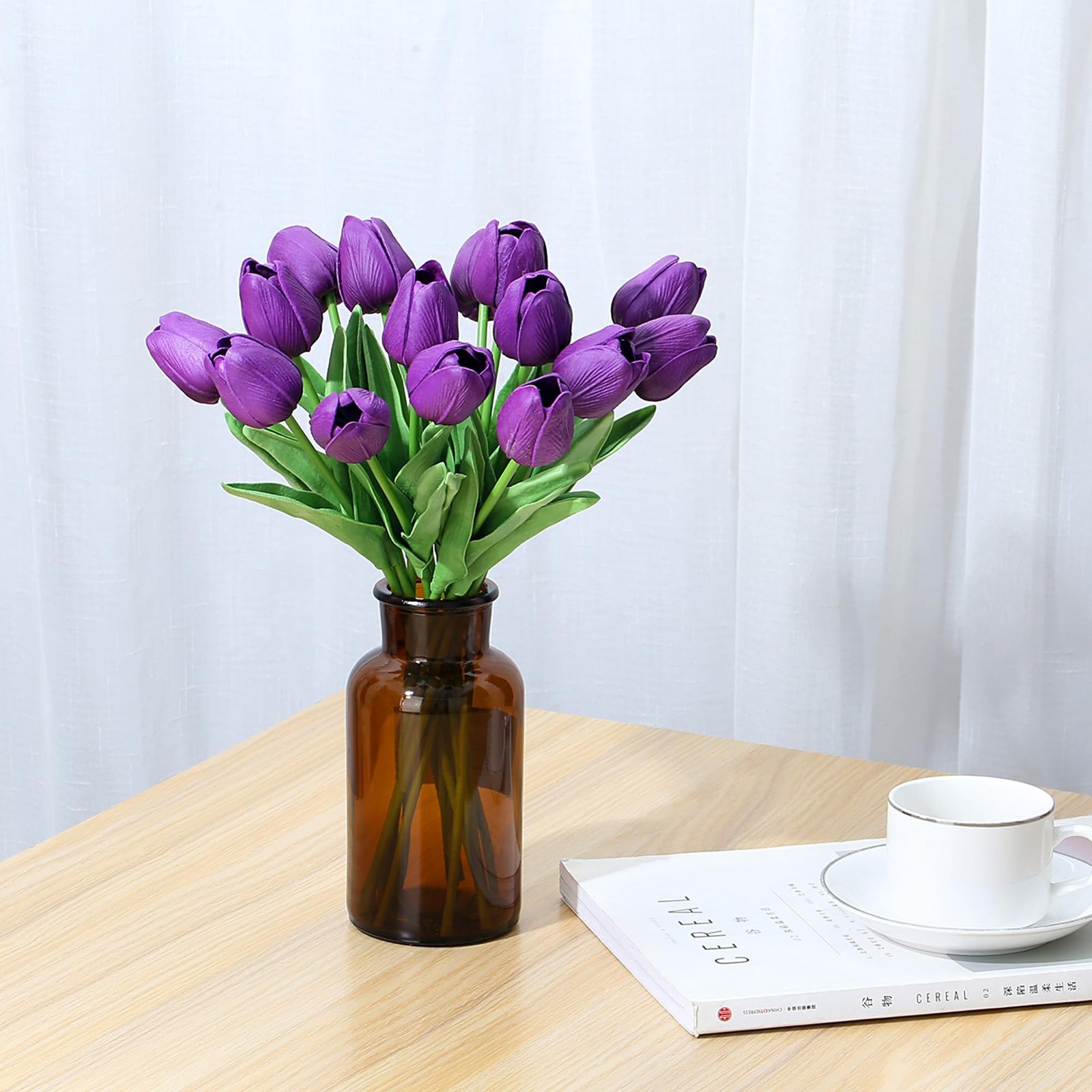 Beige 15 PCS Real Touch Fake PU Artificial Tulips Flowers Decor 14 Inch