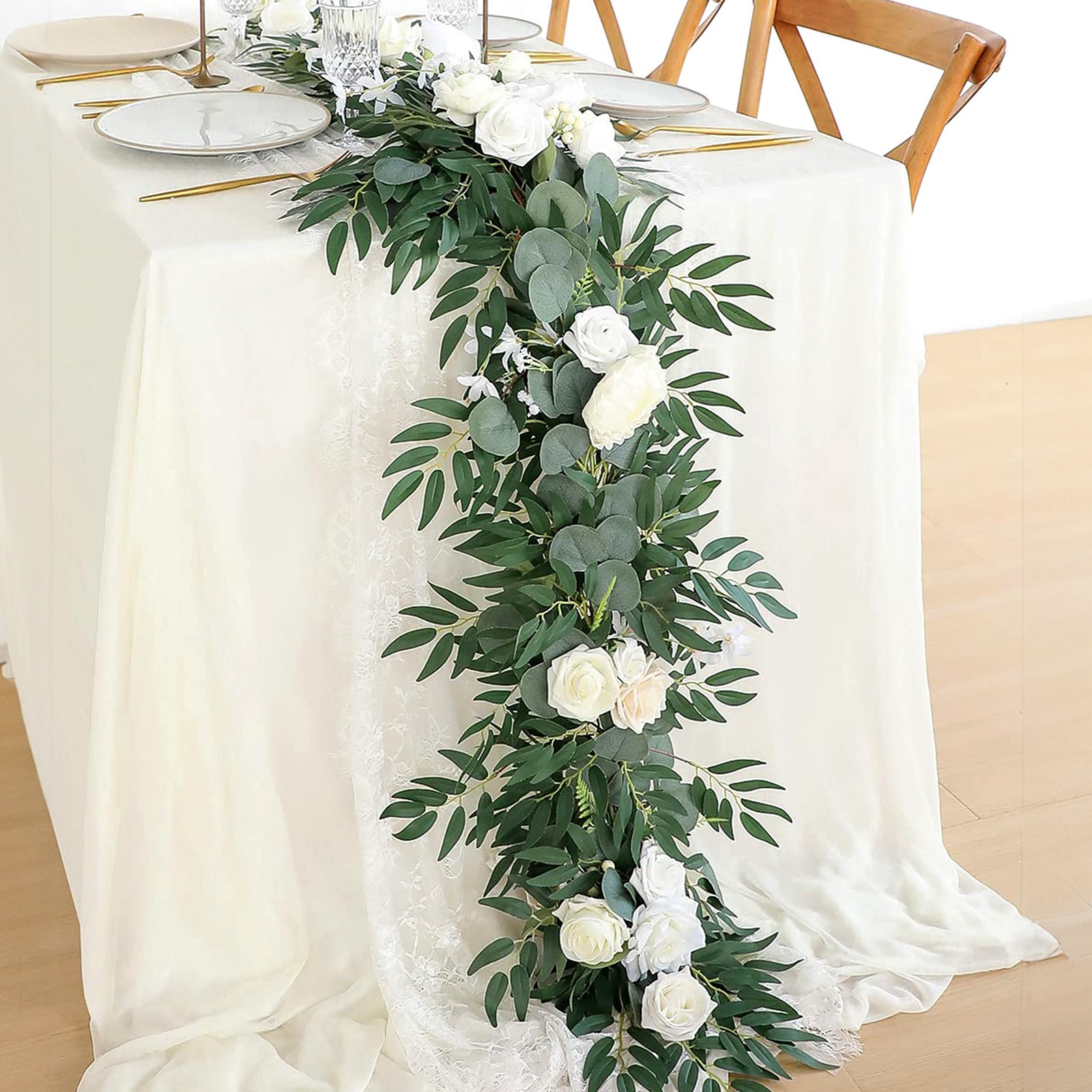 2PCS Fake Silk Rose Garland Real Touch Hanging Vine for Wedding Table Arch Decor