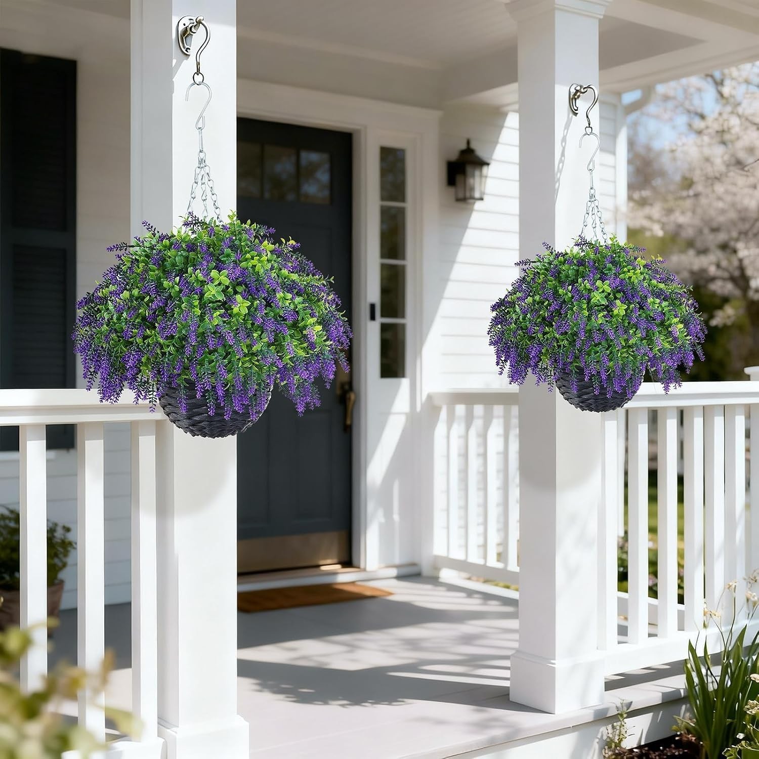 Artificial Lavender and Boxwood Hanging Basket – 2 Set for Outdoor