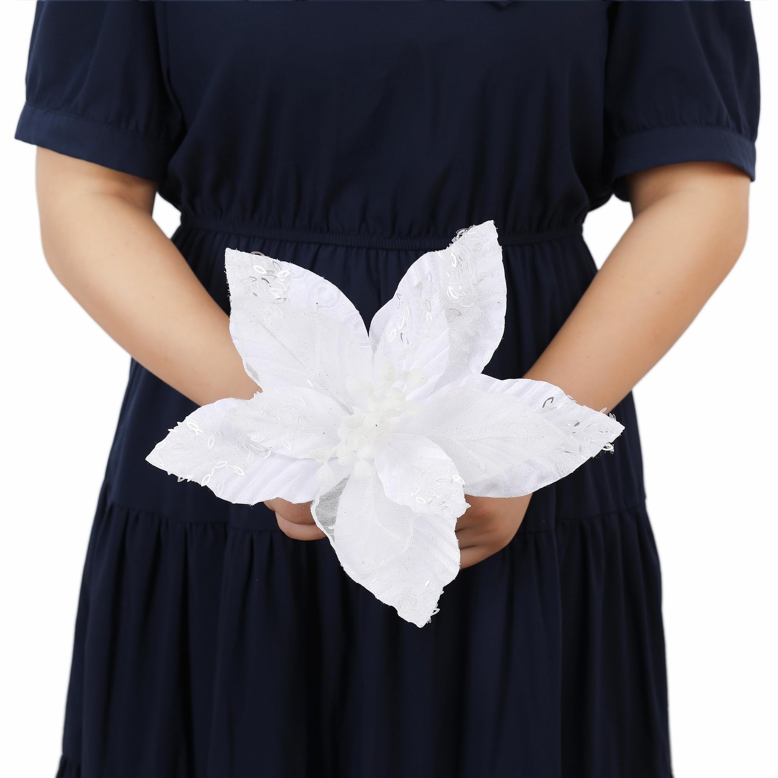 6 PCS 10.7 Inch Pure White Large Velvet Christmas Flowers Artificial Poinsettia