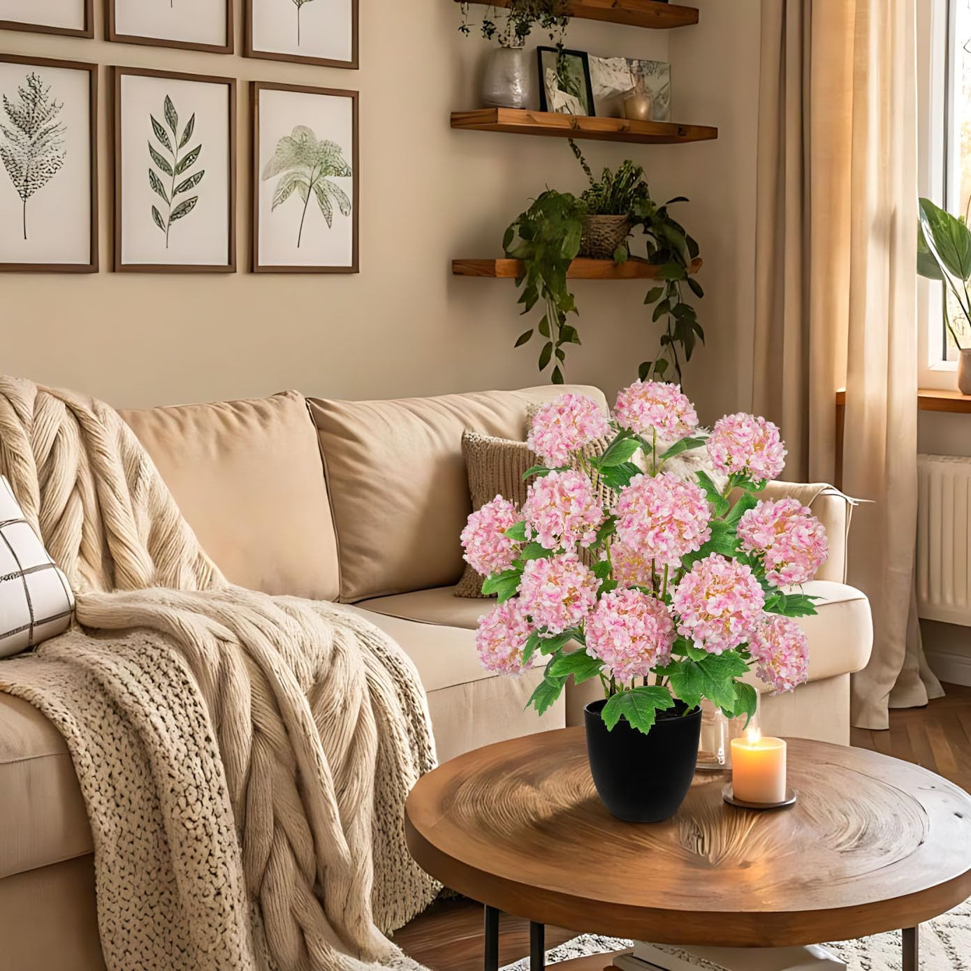 Realistic Pink Faux Hydrangea Plant in Pot – 13 Blooming Heads for Home Decor