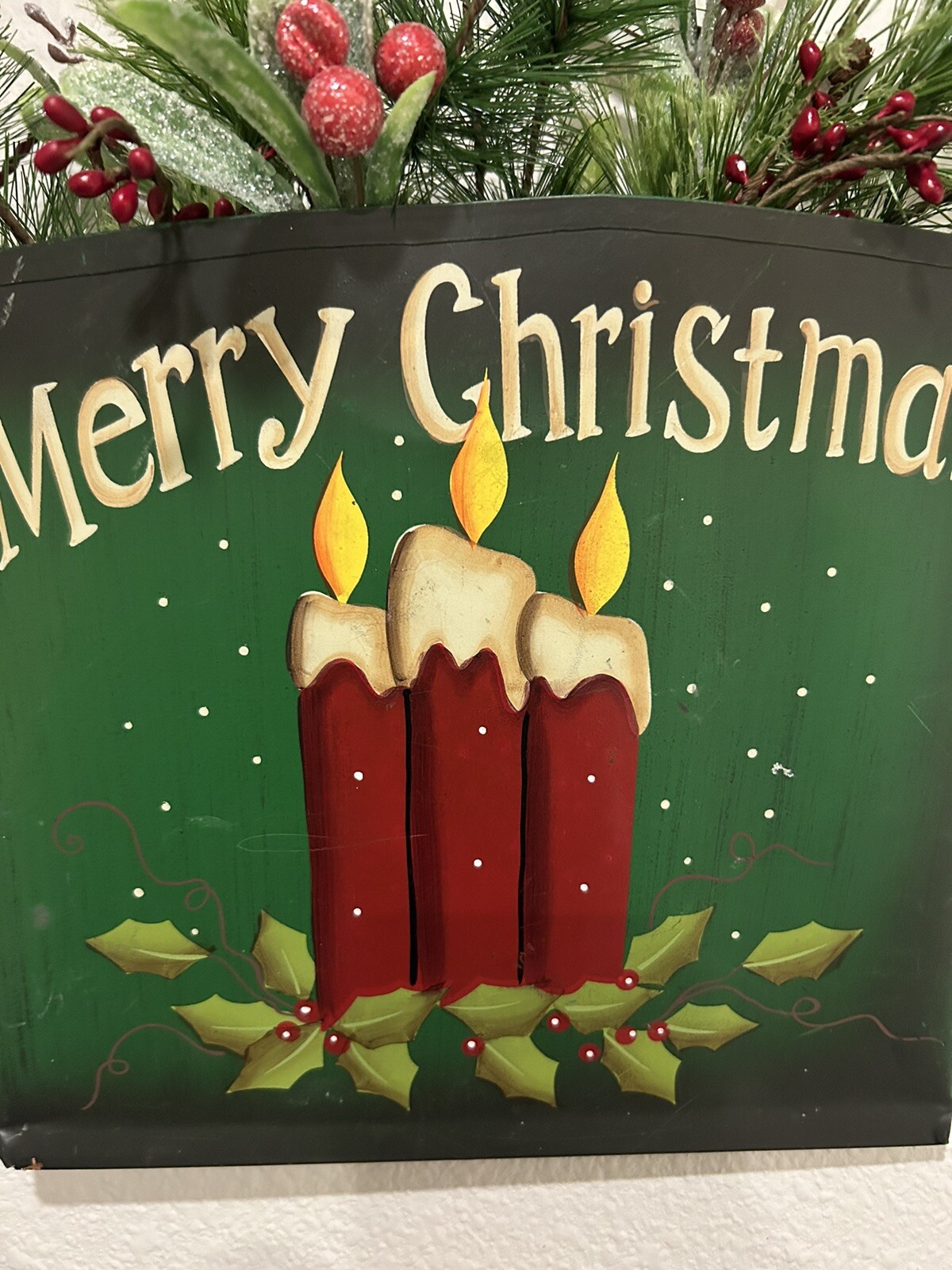 Merry Christmas Wall Decor Painted Tin Bucket with Artificial Berries and Pine