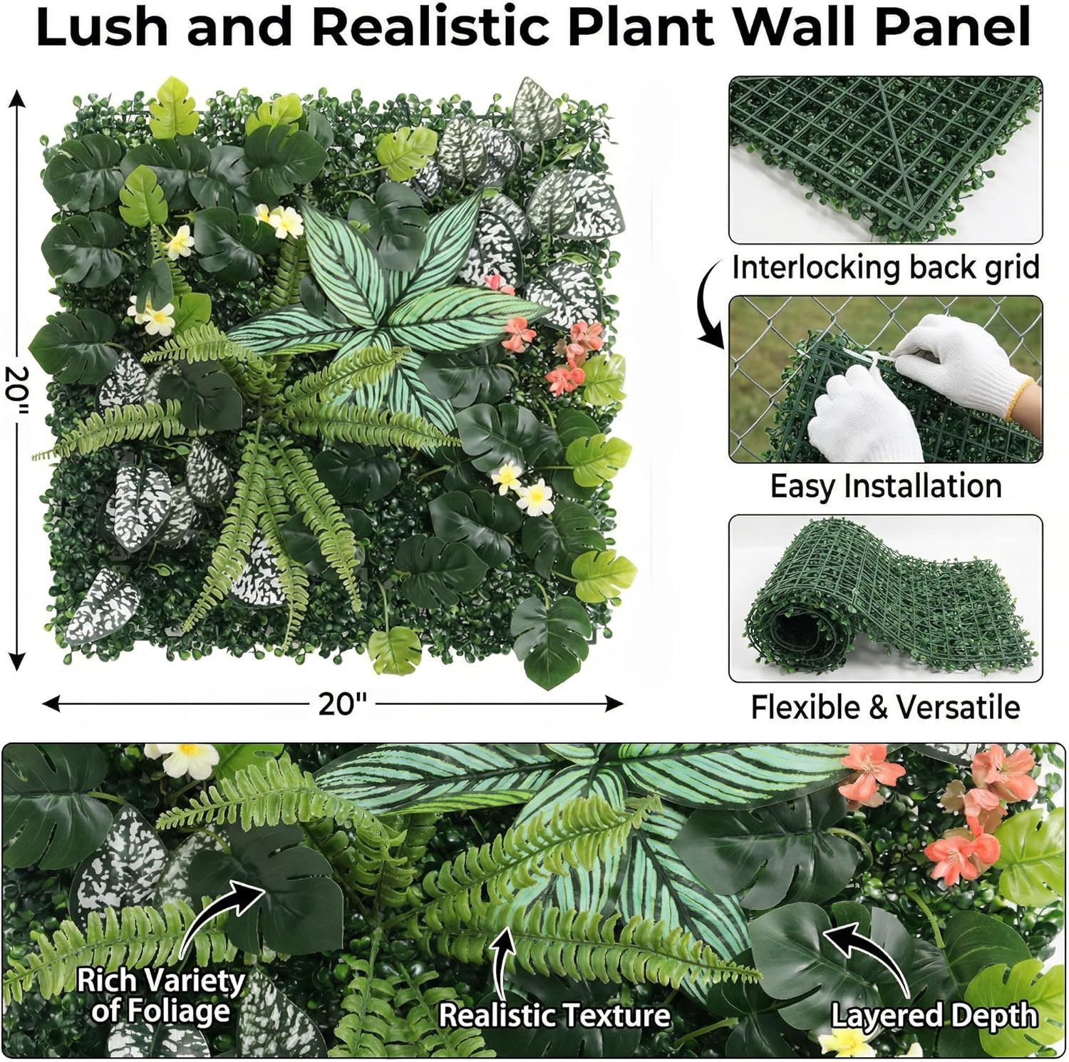 4 Pack 20″x20″ UV-Protected Artificial Grass Wall Panels for Indoor/Outdoor Deco