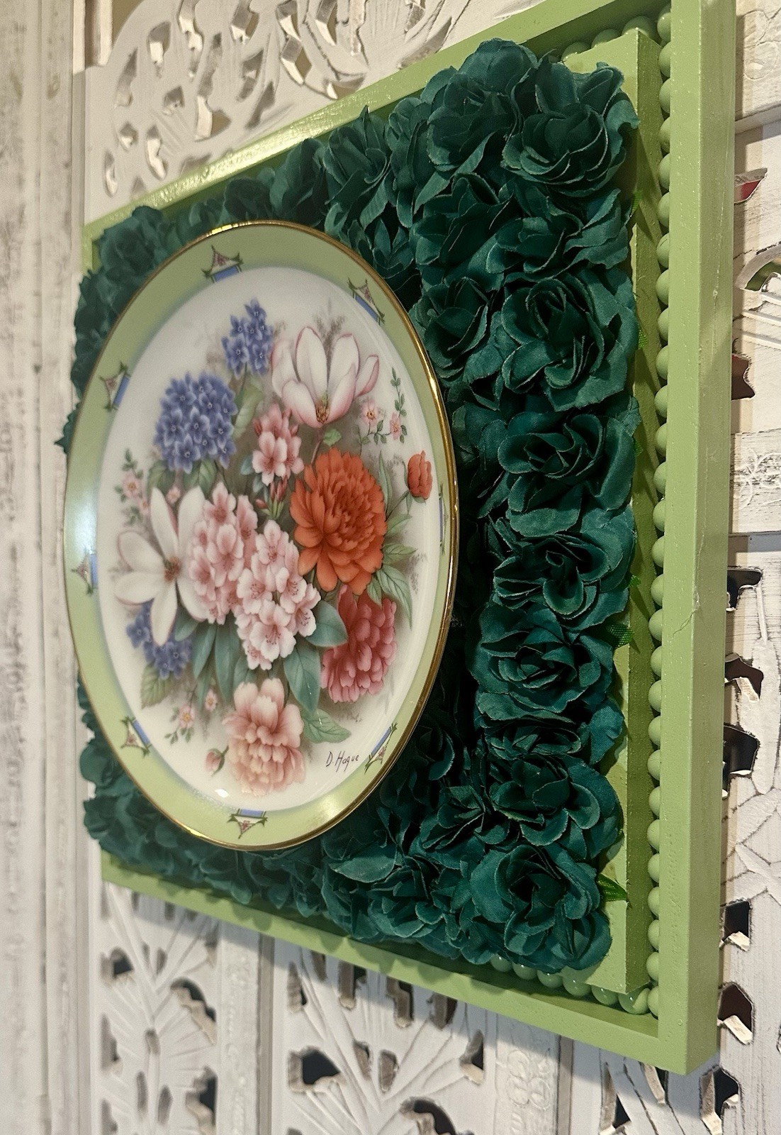 Upcycled Danbury Mint Plate 3D Wall Decor – Floral Roses Beaded Frame (12″)