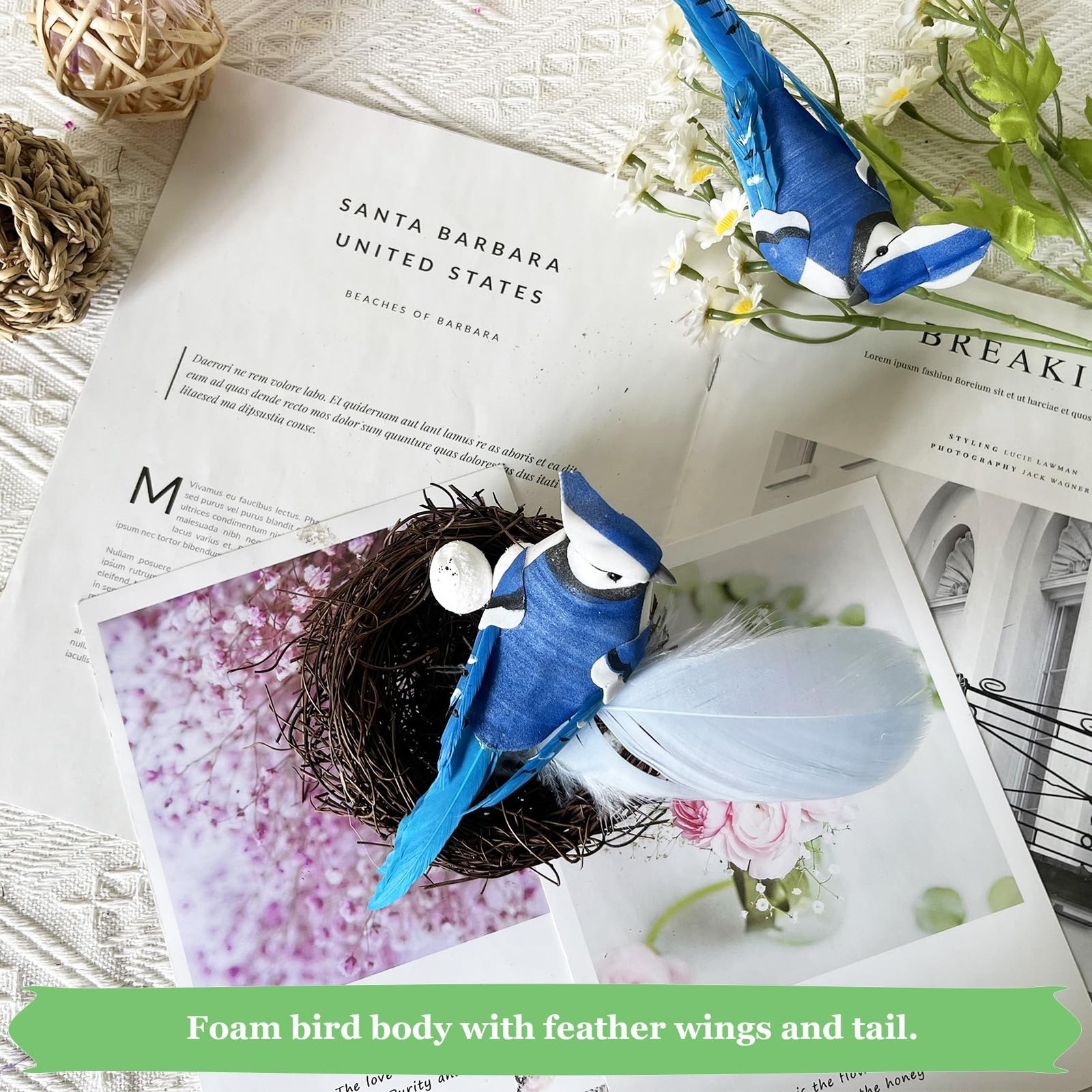 6PCS Clip On Artificial Birds Realistic Blue Jay 5.5Inch Foam Feather Bird fo…