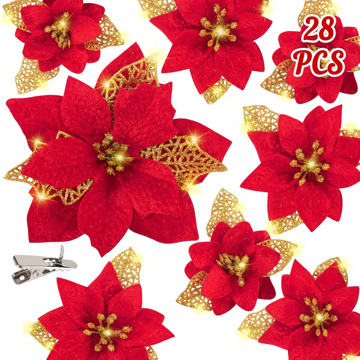 Geefuun 28PCS Christmas Tree Decorations: Poinsettias Artificial Flowers…