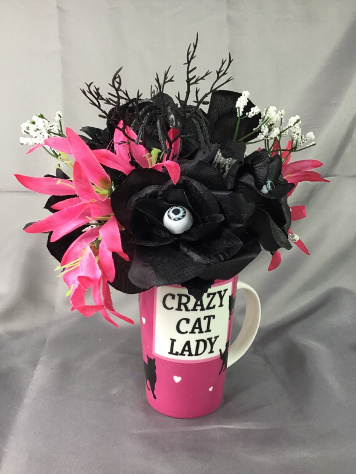 Crazy Cat Lady Pink Tall Coffee Mug Black Roses Eyeballs Flower Arrangement