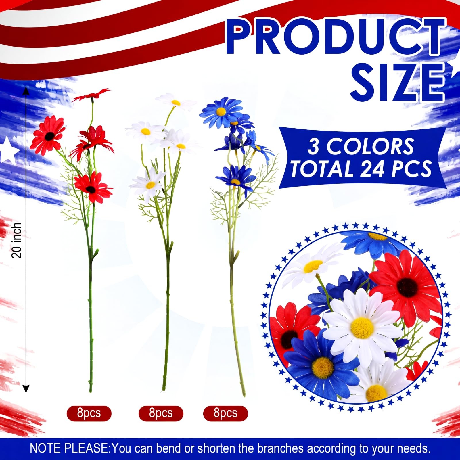 24 Pcs 4th of July Artificial Flowers Red Blue White Daisy Patriotic Decorati…
