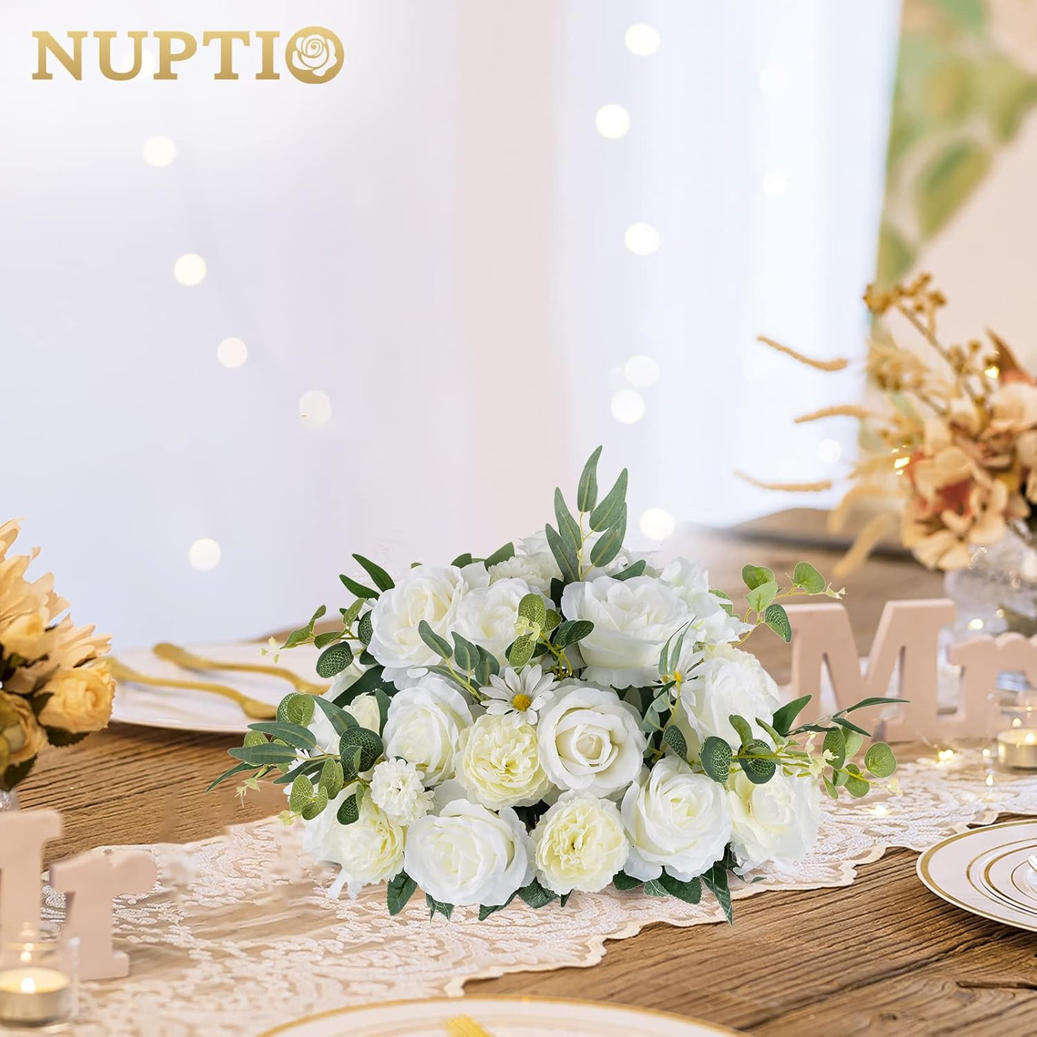 17.7″ White Flower Centerpieces – 2 Pcs Artificial Rose Arrangements
