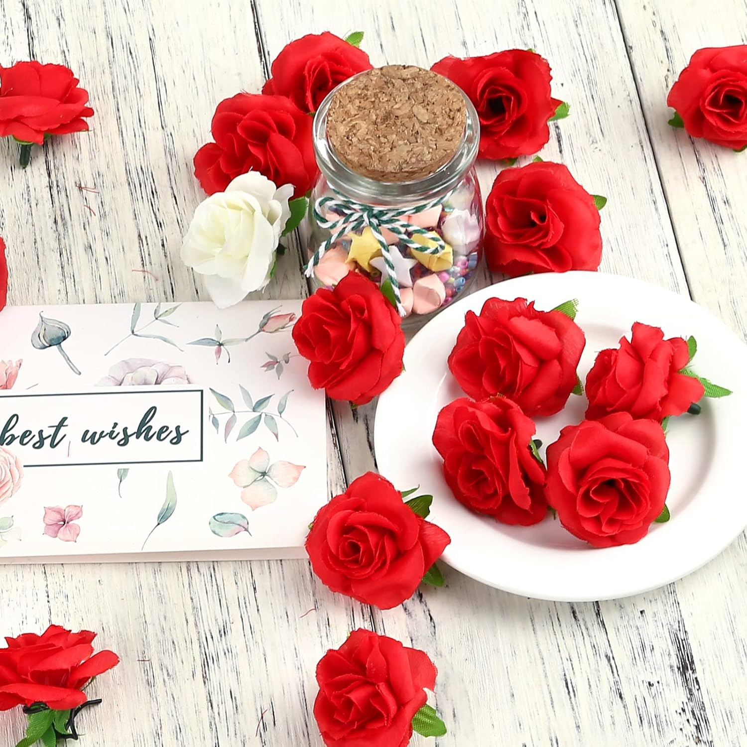 Kesoto 50Pcs Red Roses Buds Artificial Flowers Bulk, 1.6″ Small Silk Fake Roses