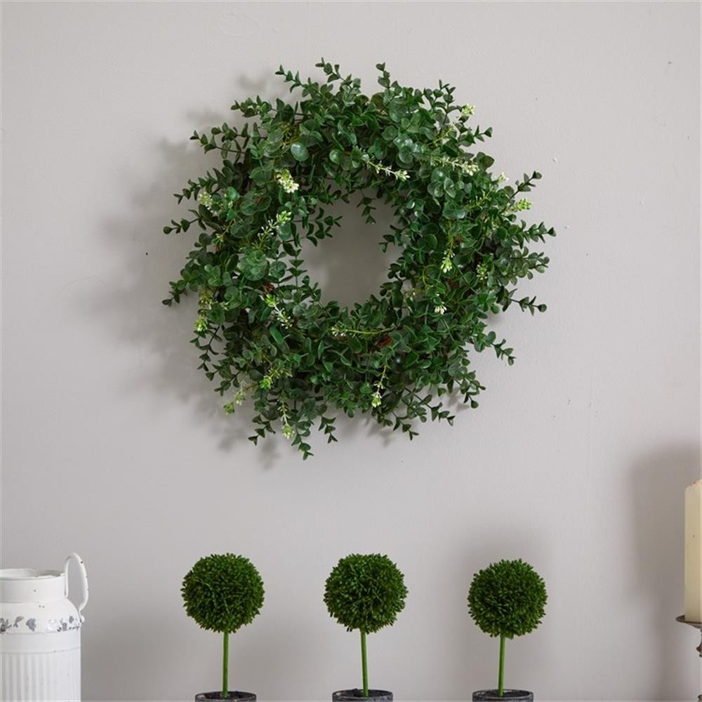 Pemberly Row 18″ Eucalyptus Double Ring Wreath with Twig Base in Green