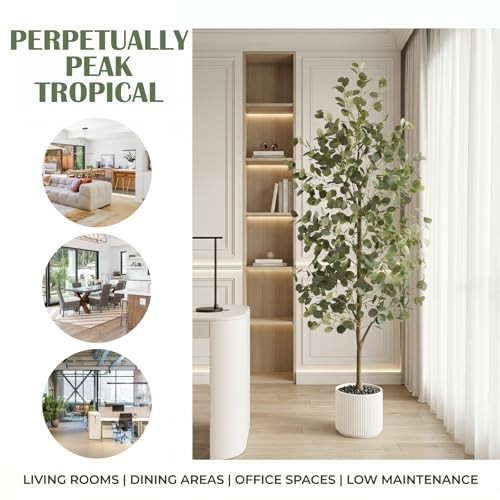 Tall Fake Eucalyptus Plant, Green Silver Dollar Leaves Faux Tree, 6FT 1 White