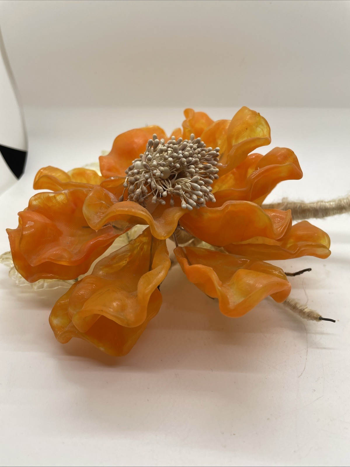 Vintage Art Glass Orange Peony 8×9” Some Damage