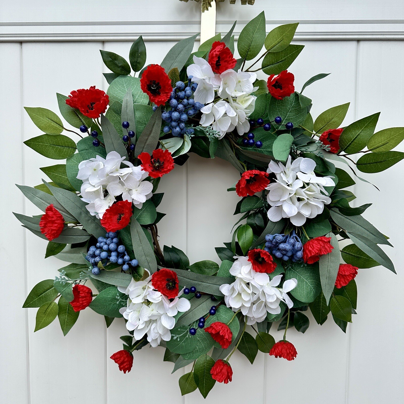 Hydrangea, Red Poppy, Blueberry,and Ficus 22” Wreath