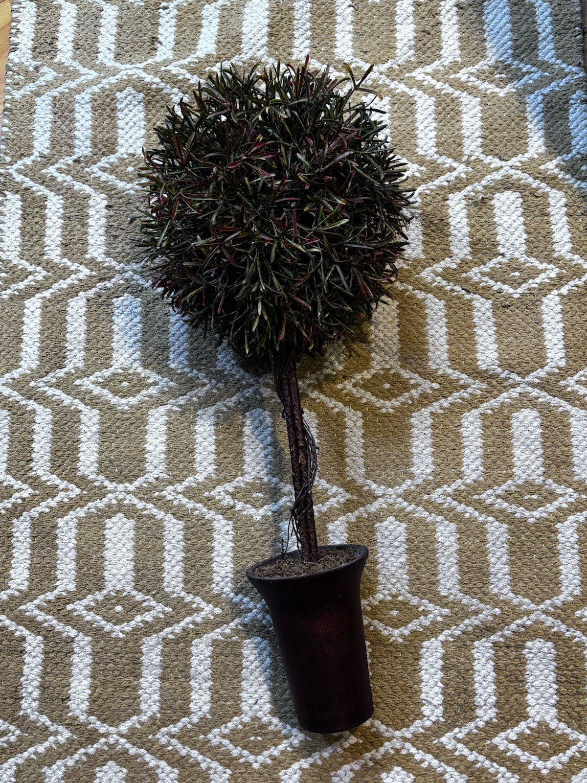 Faux Topiary Tree 23” Dark Wood Burgandy & Green Leaves in Pot Rustic Decor