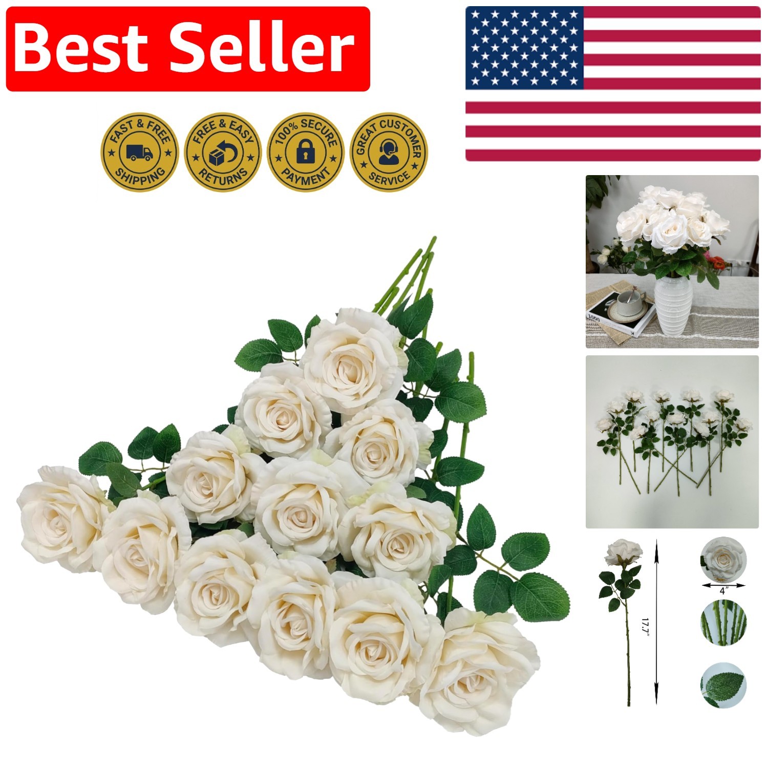 12 Pcs Ivory Artificial Roses – Stunning Faux Silk Flowers for Home Decor