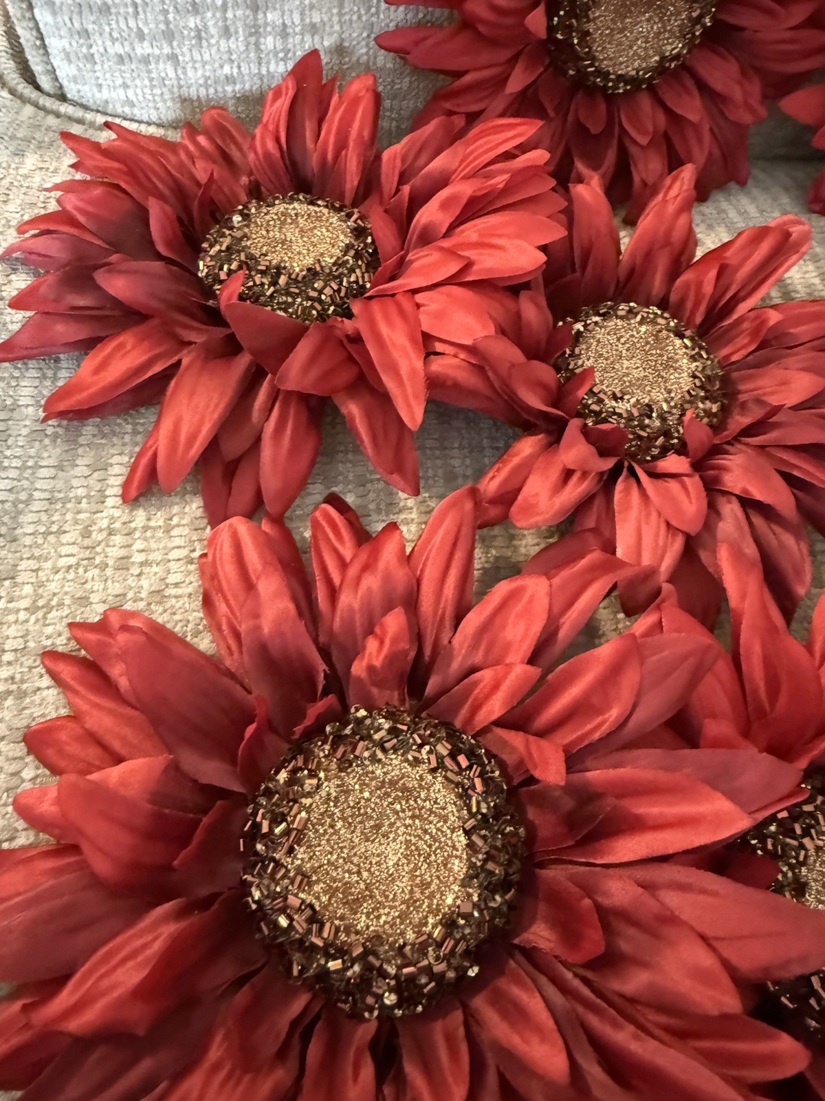 Sunflowers Medium Size Red/Burgundy Bloom Tops NO Stems 7 Inch Rhinestone (10)
