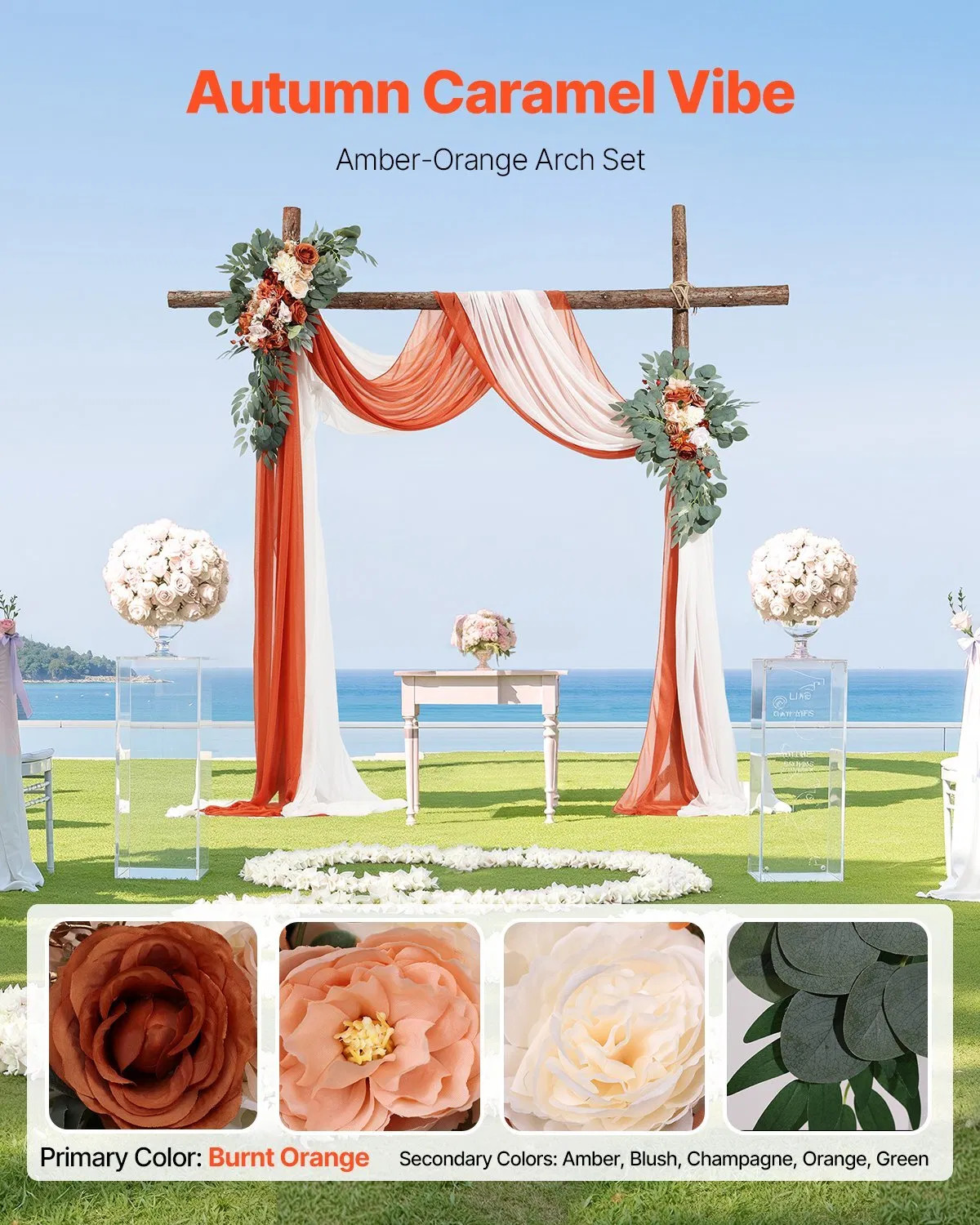 Artificial Wedding Arch Flowers Kit, Orange Wedding Arch Flowers with Drapes Ki