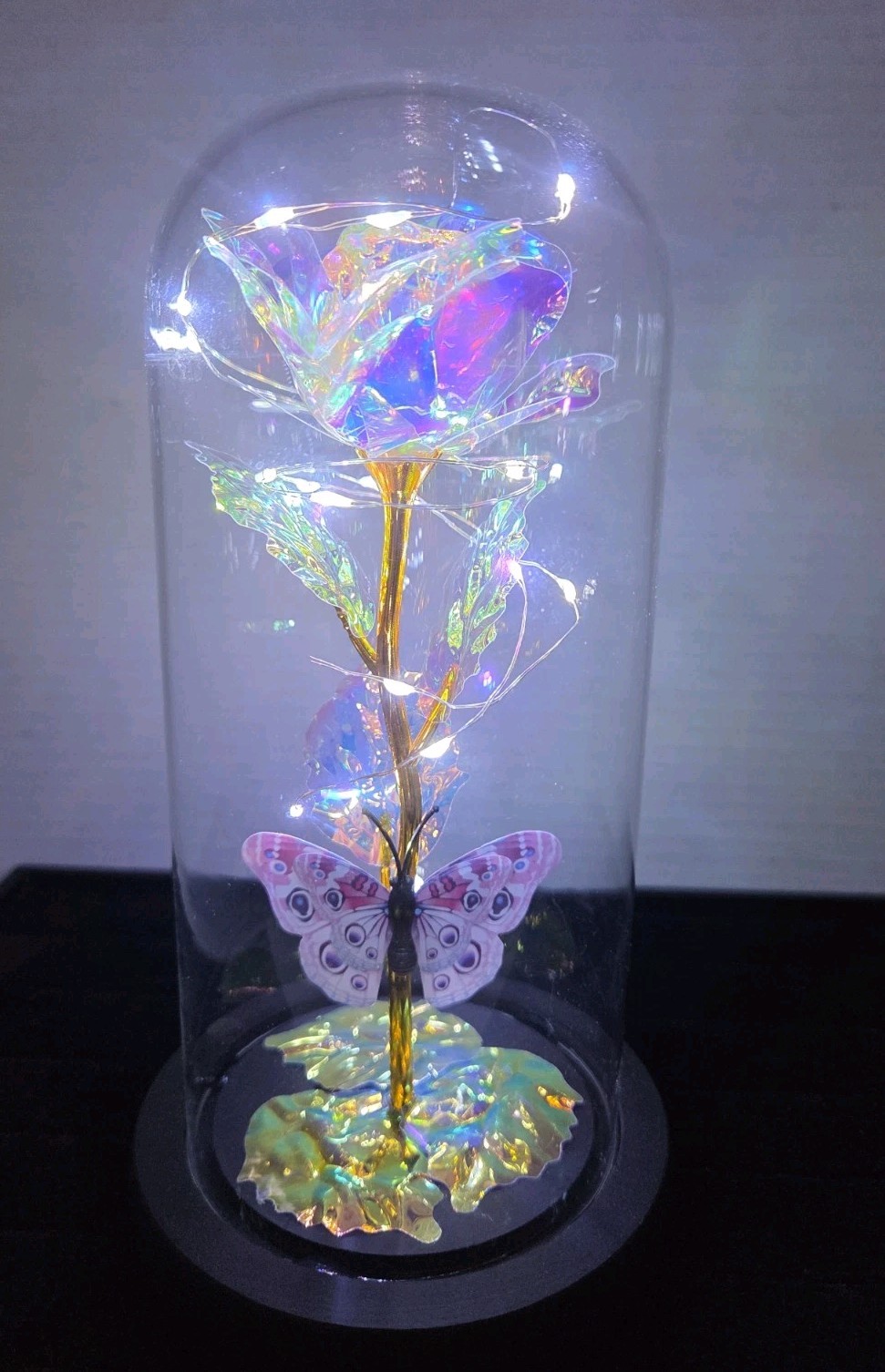 Glass Dome Enchanted Galaxy Rose & Butterfly Iridescent with LED Lite 3 AAA Batt