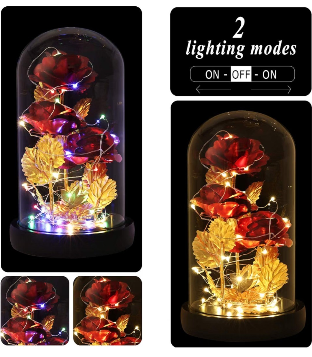 Dream Of Flowers Red Rose Gold Stem/Leaves in Glass Dome, 2 Lighting Modes. #dom