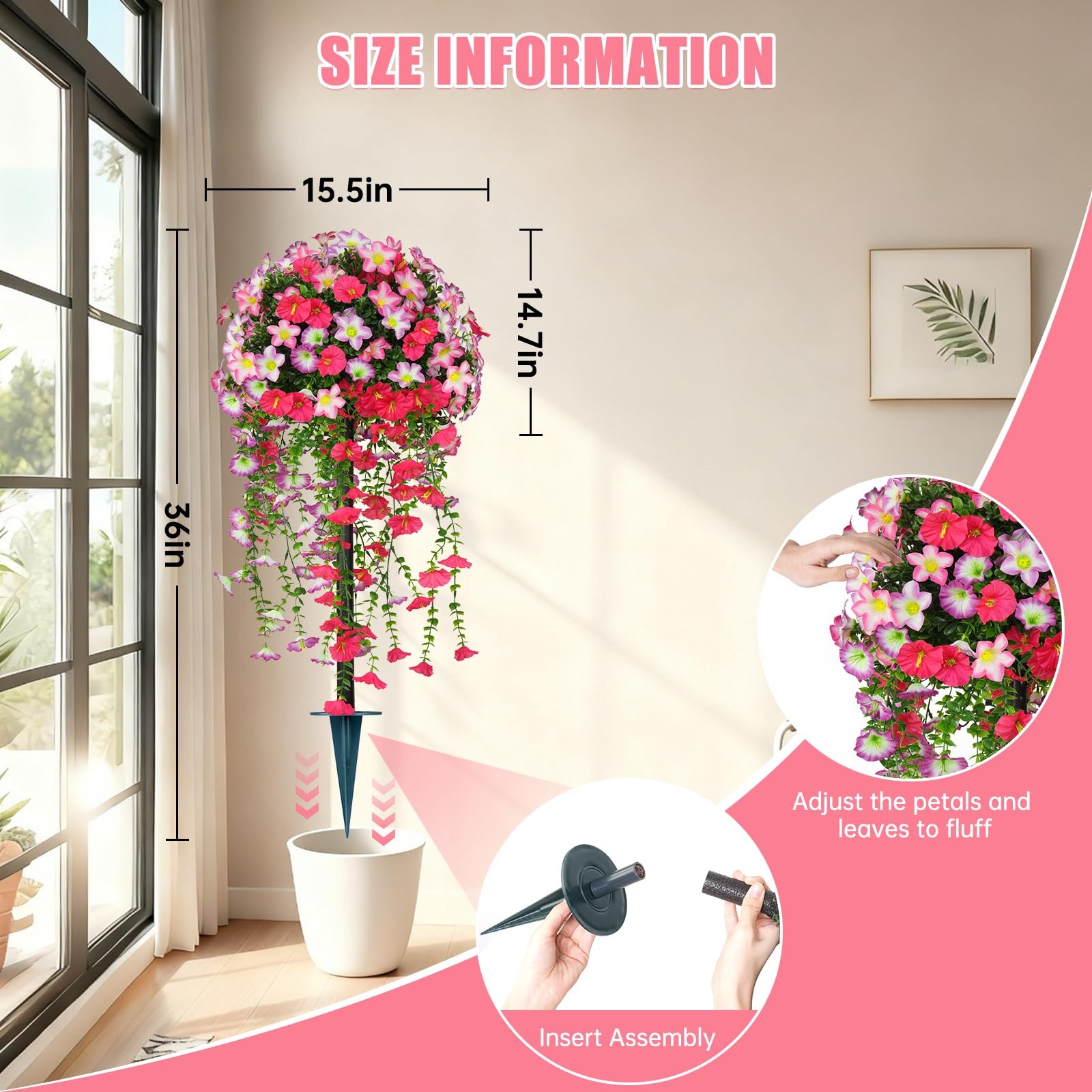 Yangrass Artificial Topiary Ball Trees with Pink Morning Glory Flowers, 3FT F…