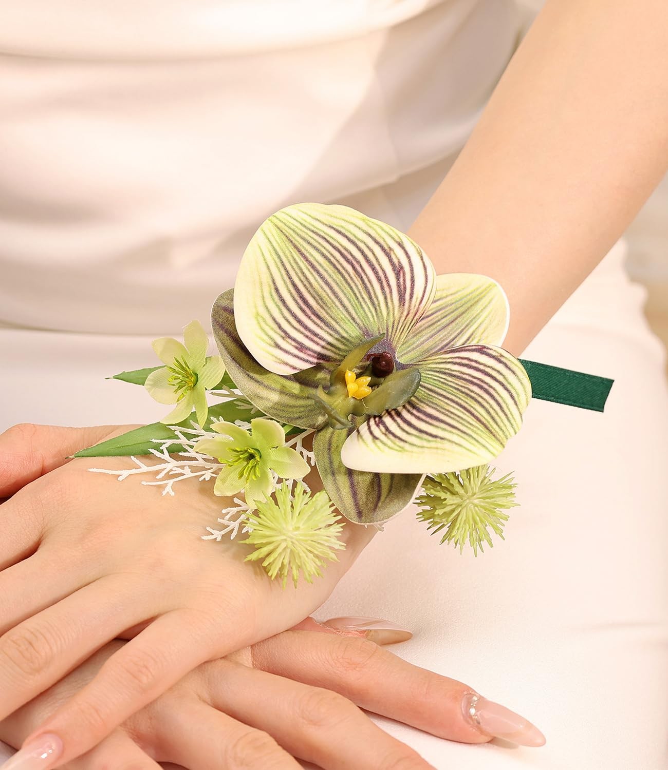 Wedding Bridal Prom Artificial Moth Orchid Ribbon Wristlet Corsage Green