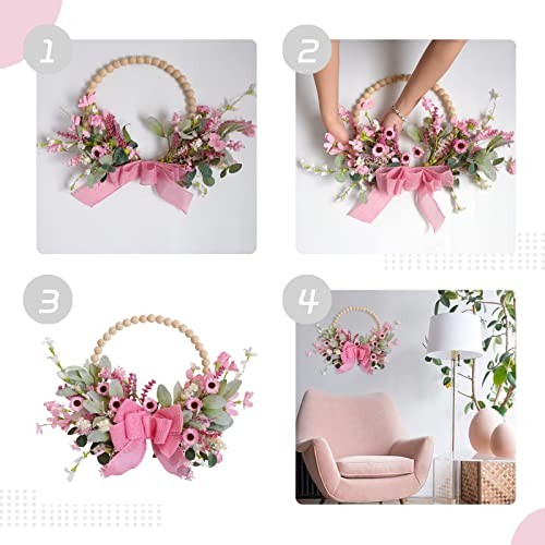 16″ Spring Wooden Beaded Door Wreath Pink Daisy, Burlap Bow Wreath,