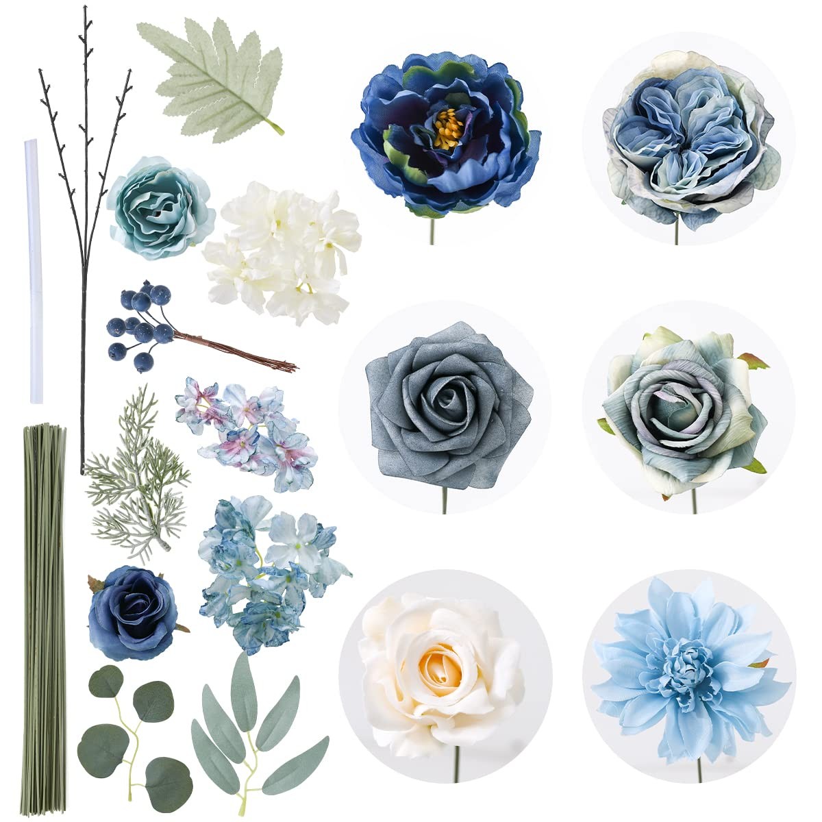 Floweroyal 36 Pcs Artificial Flowers Combo Dusty Blue Flowers Mix Silk Flower…