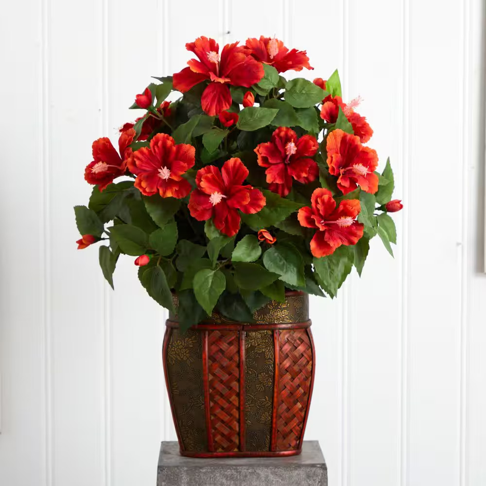 24 In. Artificial H Red Hibiscus with Vase Silk Plant