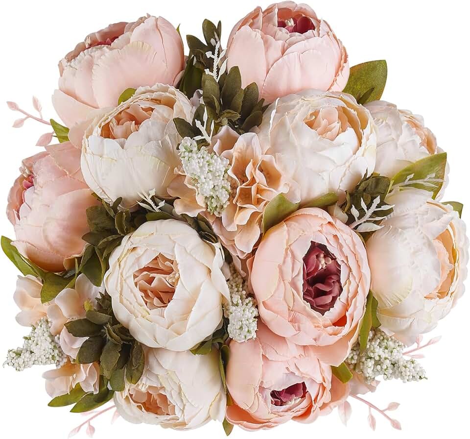 26 Stems Artificial Peony Flowers Faux Silk Bouquet Light Pink Wedding Party