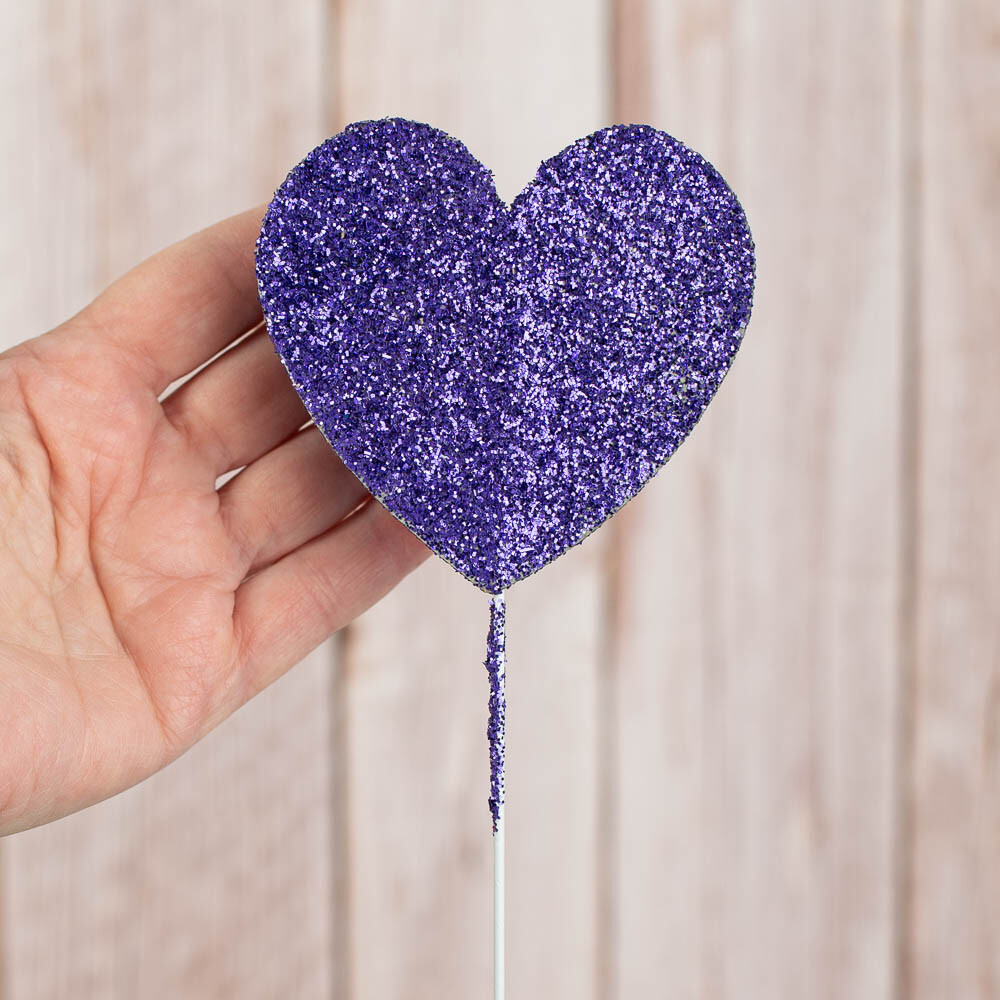 Package of 24 Purple Glittered Heart Floral 15″ Picks