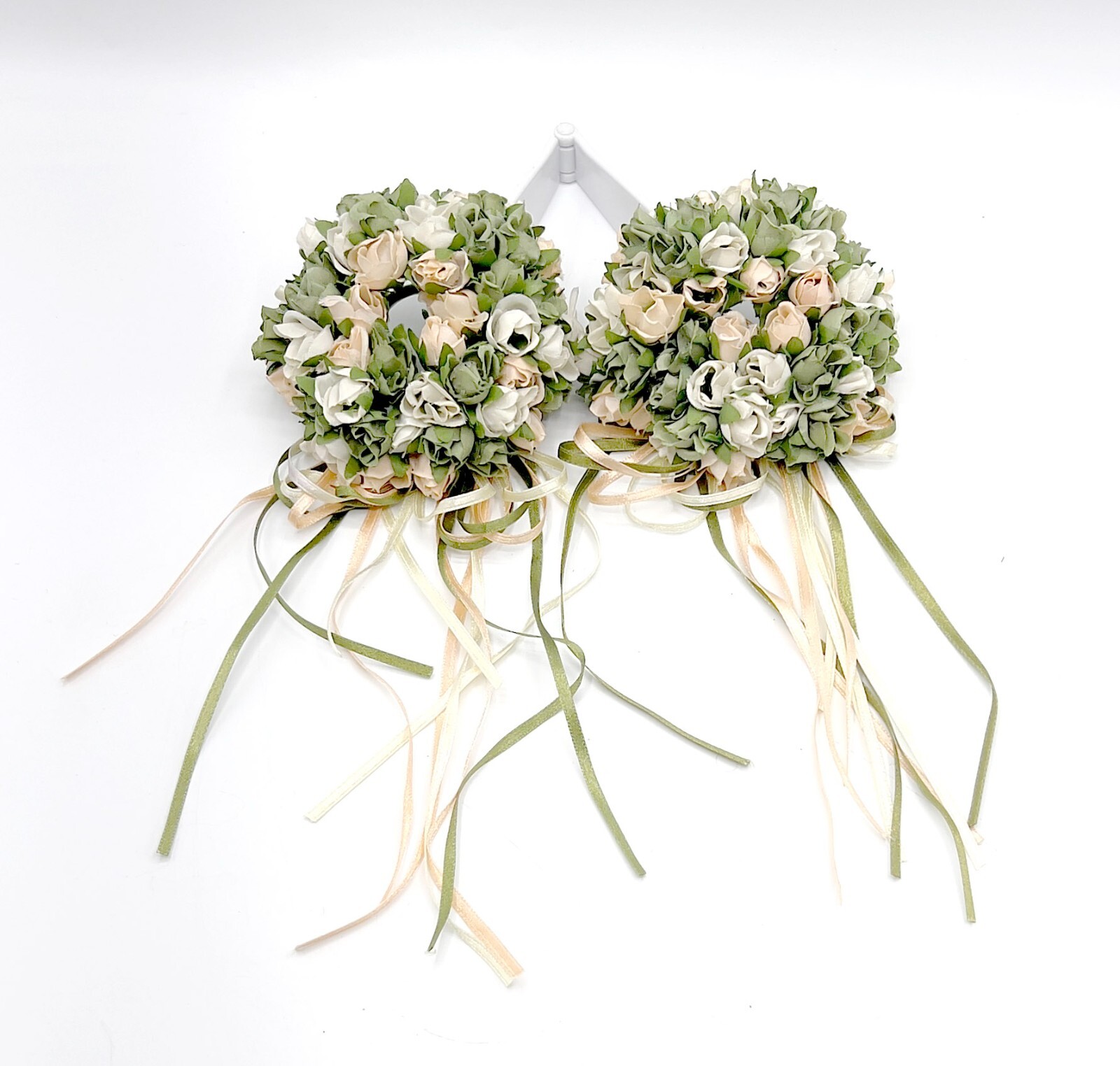Pink & White Silk Rose/Peony w/Greenery & Streaming Ribbon Centerpiece Ring Pair