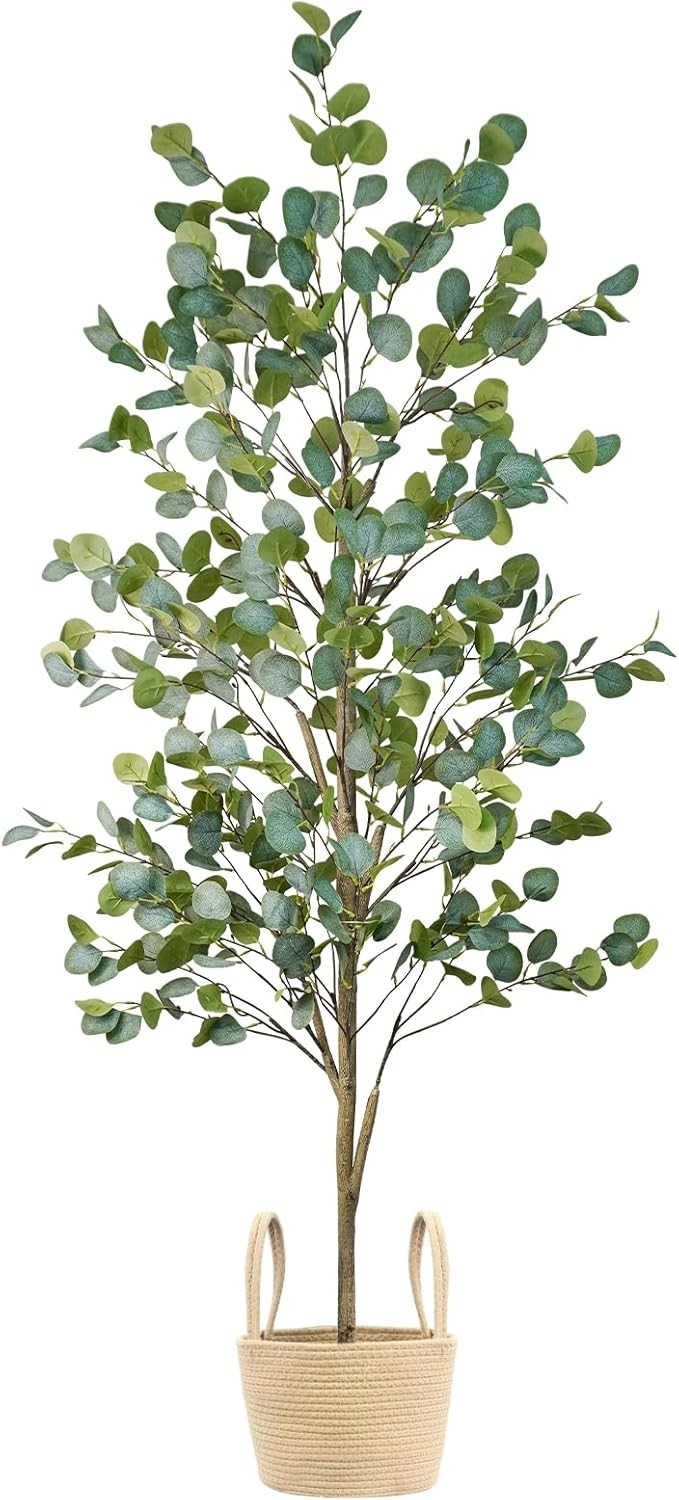 Versatile 6FT Faux Eucalyptus Tree for Home Office – Easy Assembly & Storage