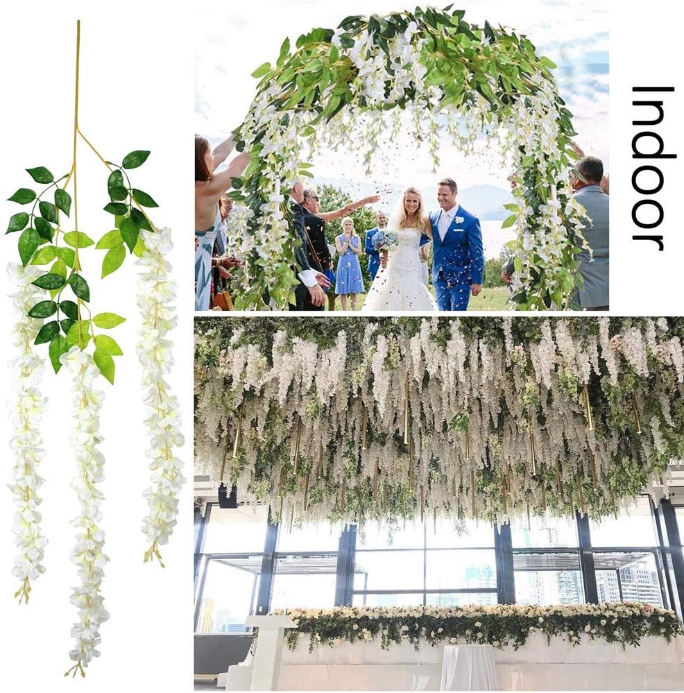 12PCS White Artificial Wisteria Flowers 3.6ft Vine Garland for Wedding & Home De