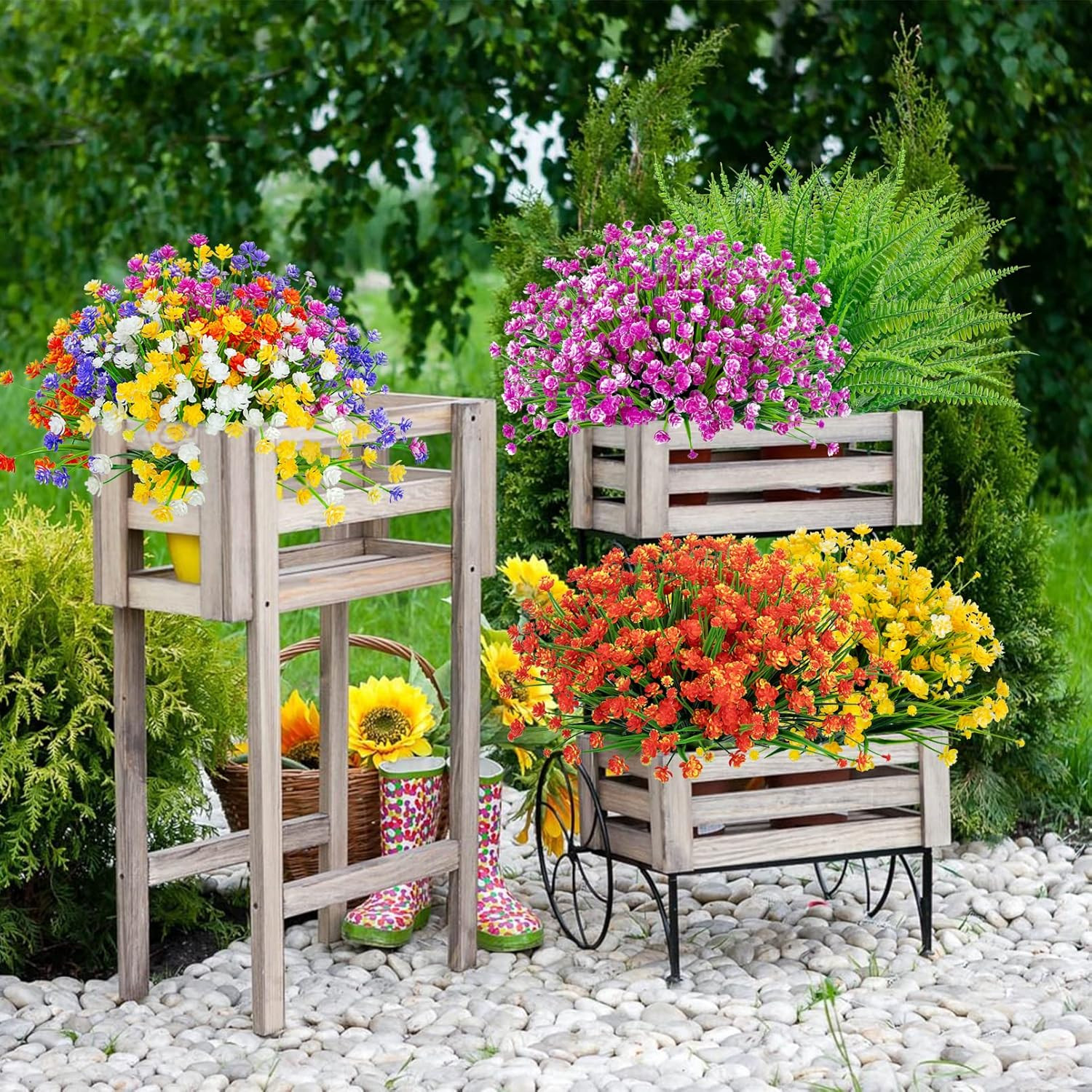 24 Bundles Artificial Flowers for Outdoors UV Resistant Fake Plastic Plants Faux