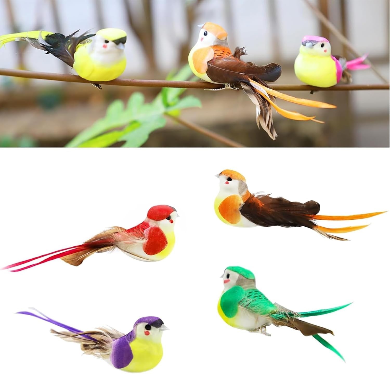 12pcs Assorted Artificial Birds Clip on Ornaments 6-inch Simulated Foam Feath…