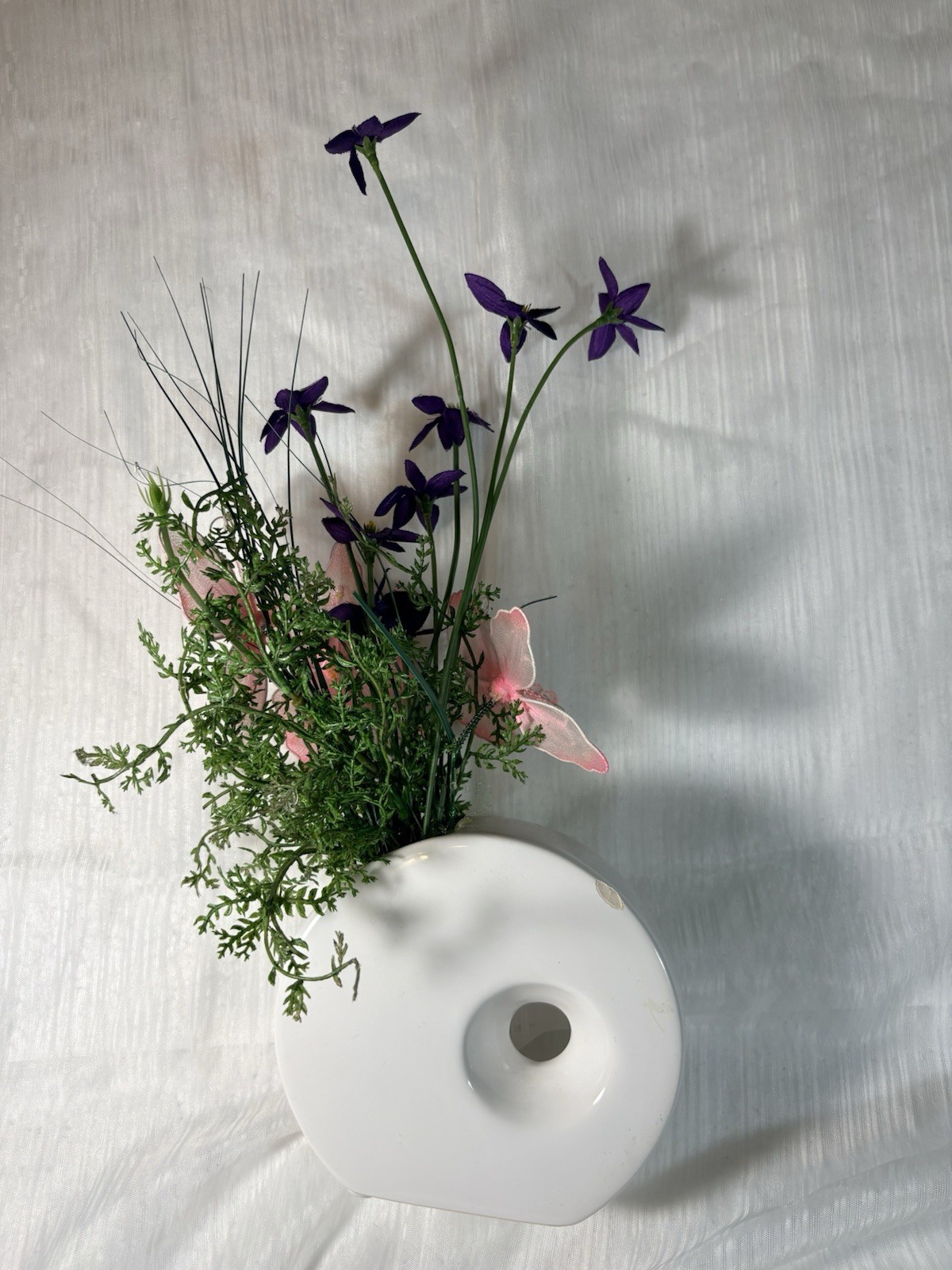 Artificial Purple Flower Arrangement with Pink Butterfly in White Ceramic Vase