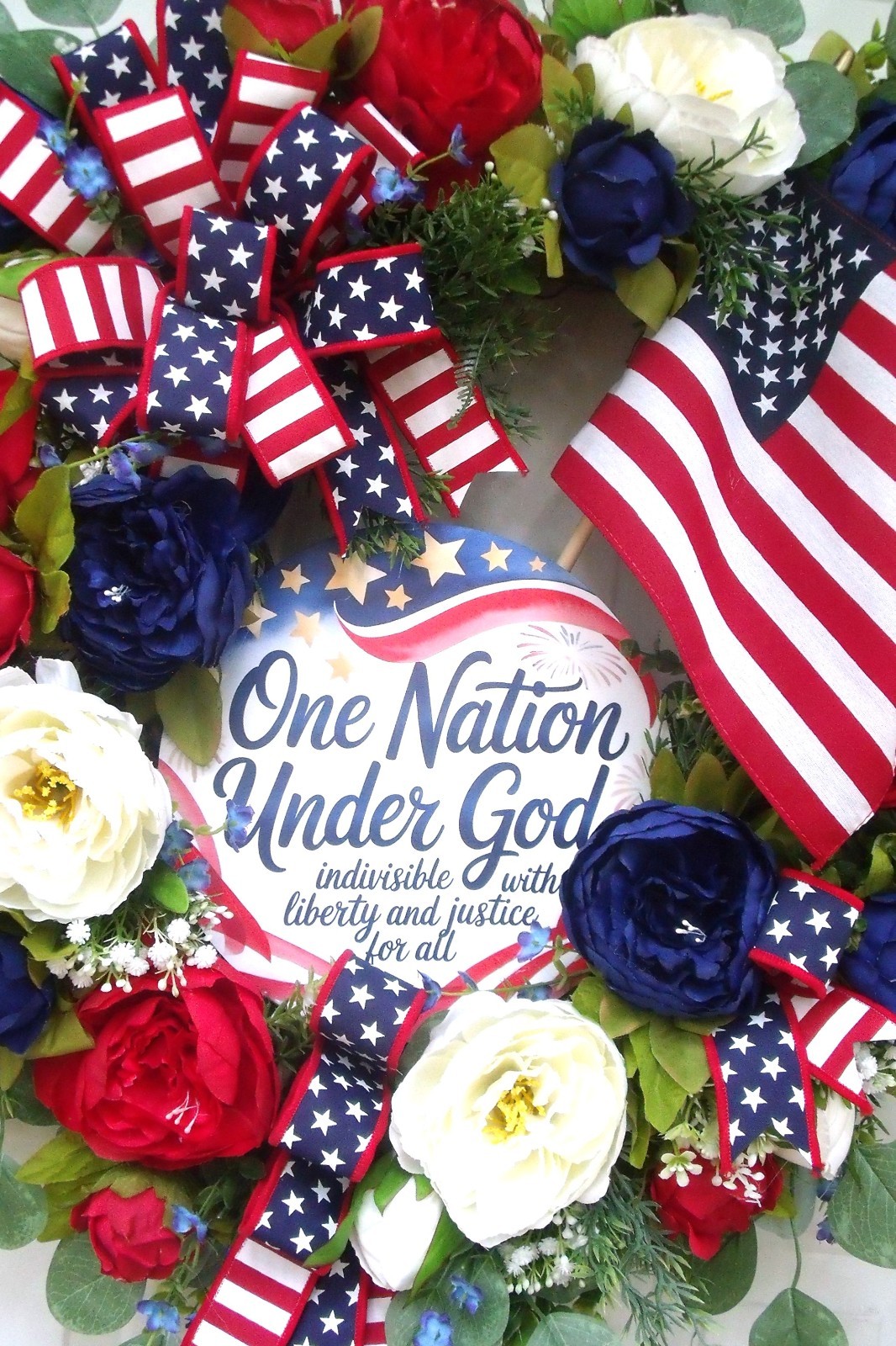Patriotic Peony/Flag Wreath, Red/White/Blue, One Nation Under God