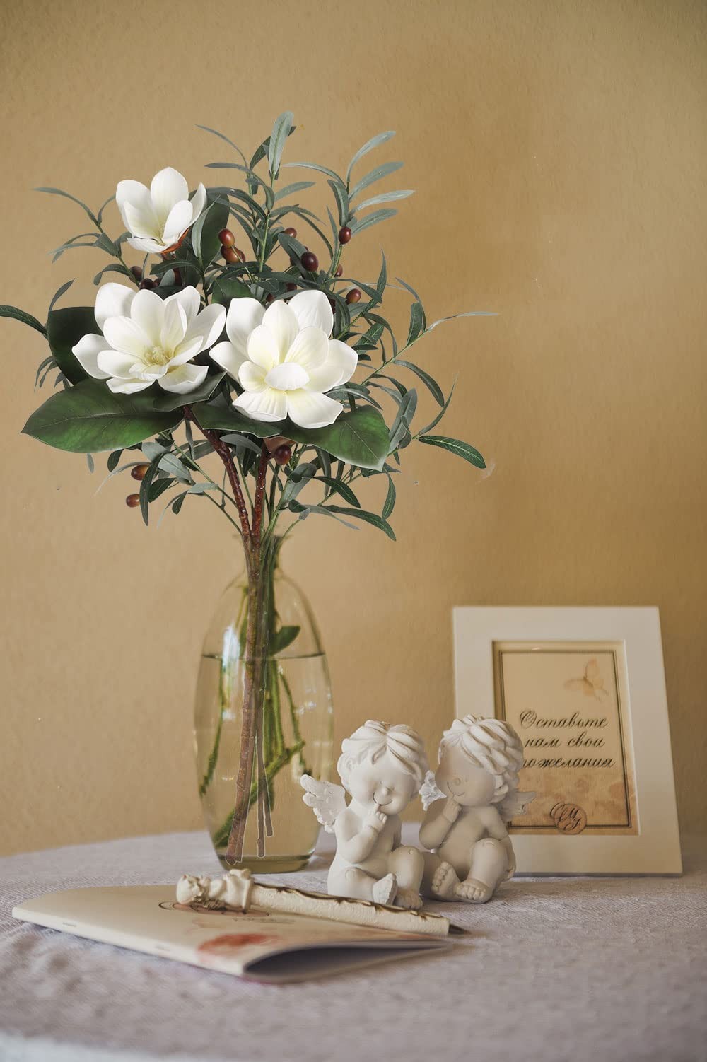 White Silk Magnolia Flowers with Olive Branches for Vases Real Touch White Fl…