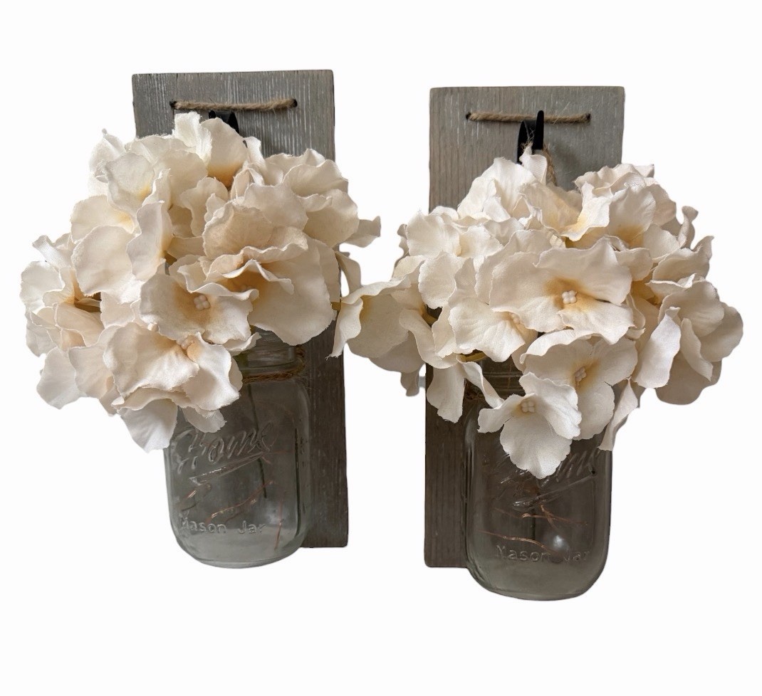 2 Rustic Wall Hanging Mason Jar Vases w/ Artificial White Hydrangea, Gray Wood