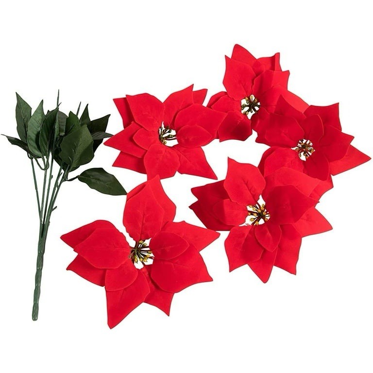 12 Pack Artificial Red Poinsettia Flowers Picks 16.5” Velvet Floral Stems