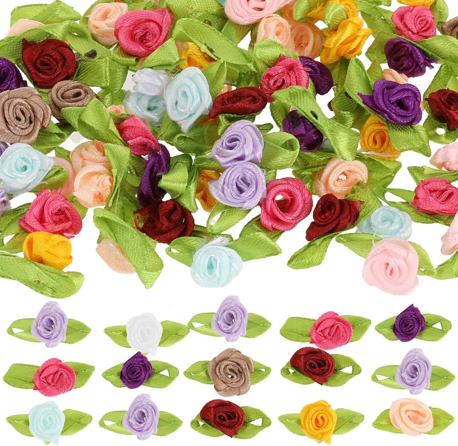100 mini flores manualidades rosas satin hojas verdes pequenas decoracion DIY