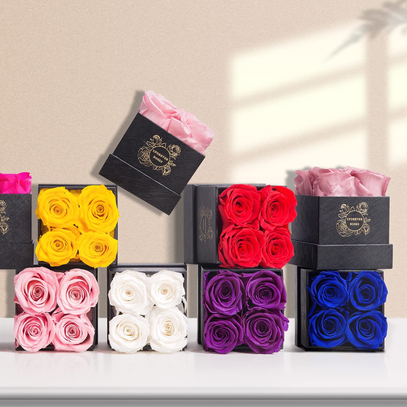 4-Piece Black Preserved Roses in a Box Real Long Lasting Flowers Gift For Her