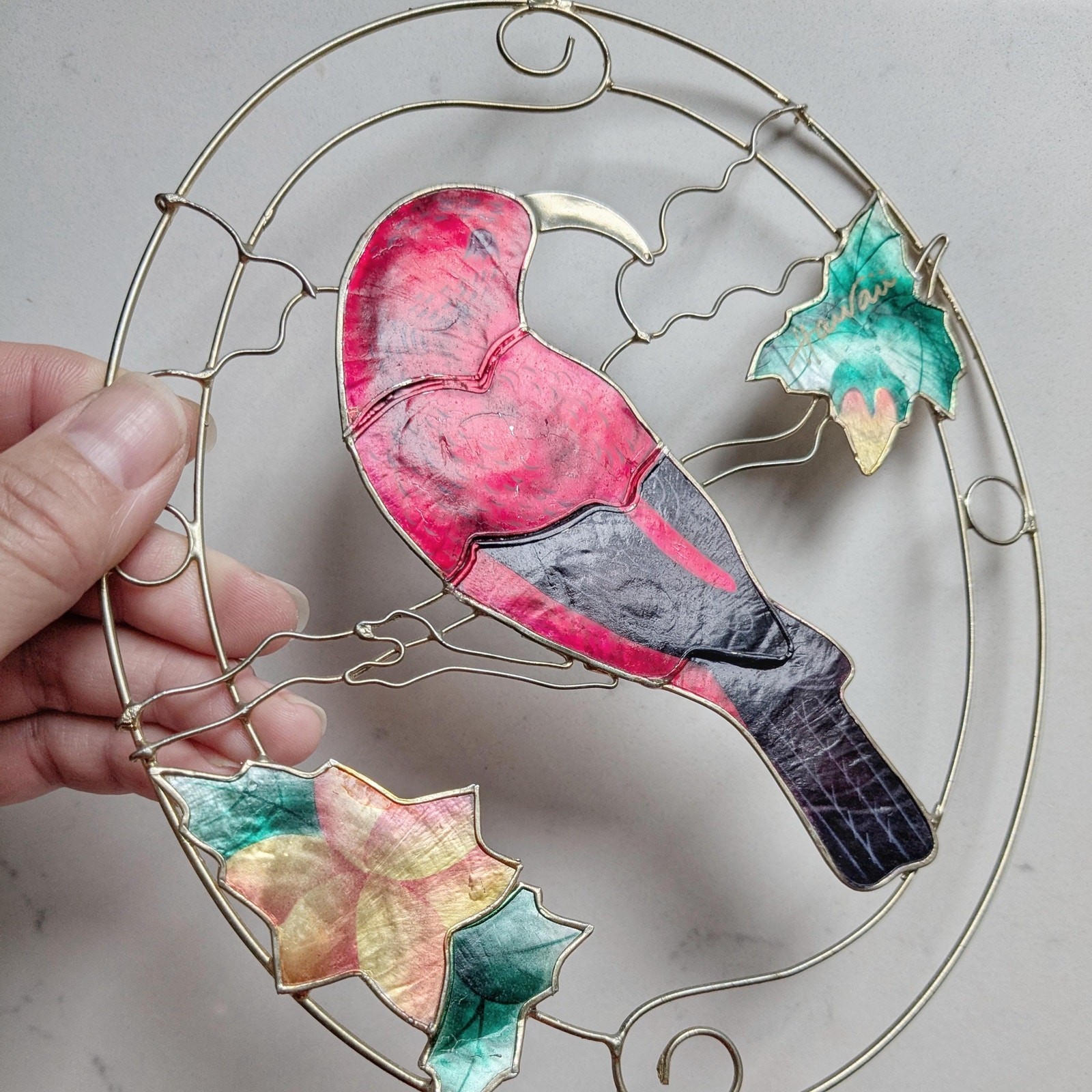 Vintage Hand-Painted Tropical Parrot Sun Catcher Stained Shell-Style Window